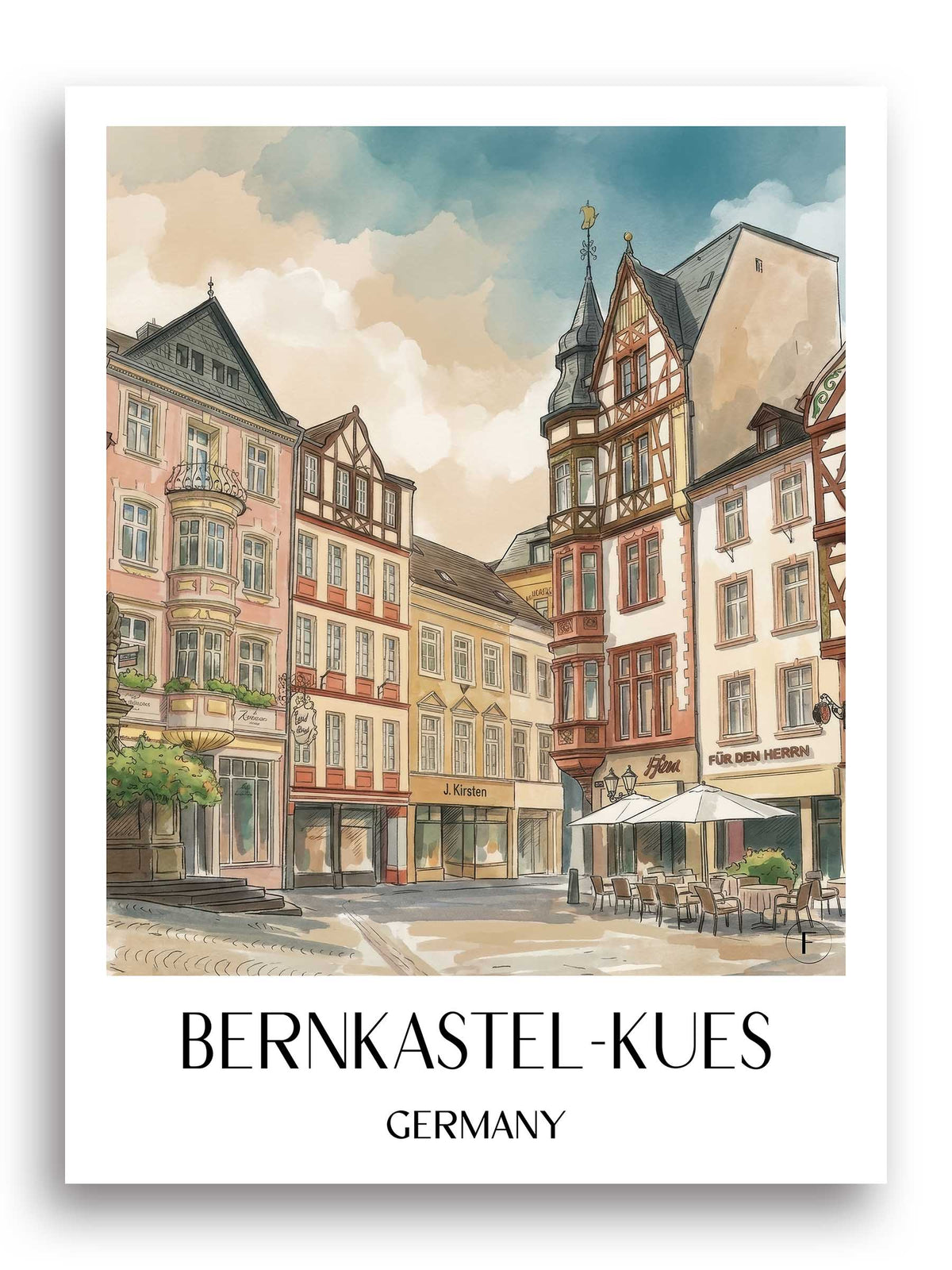 Bernkastel-Kues Poster - Rheinland-Pfalz - Deutschland Kunstdruck - Aquarell von A4 bis A1 - favplace