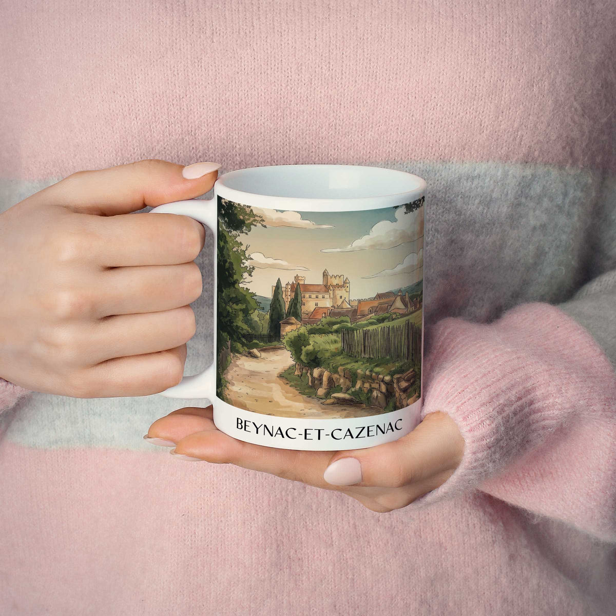 beynac-et-cazenac-périgord-noir-frankreich-kaffeebecher-aquarell