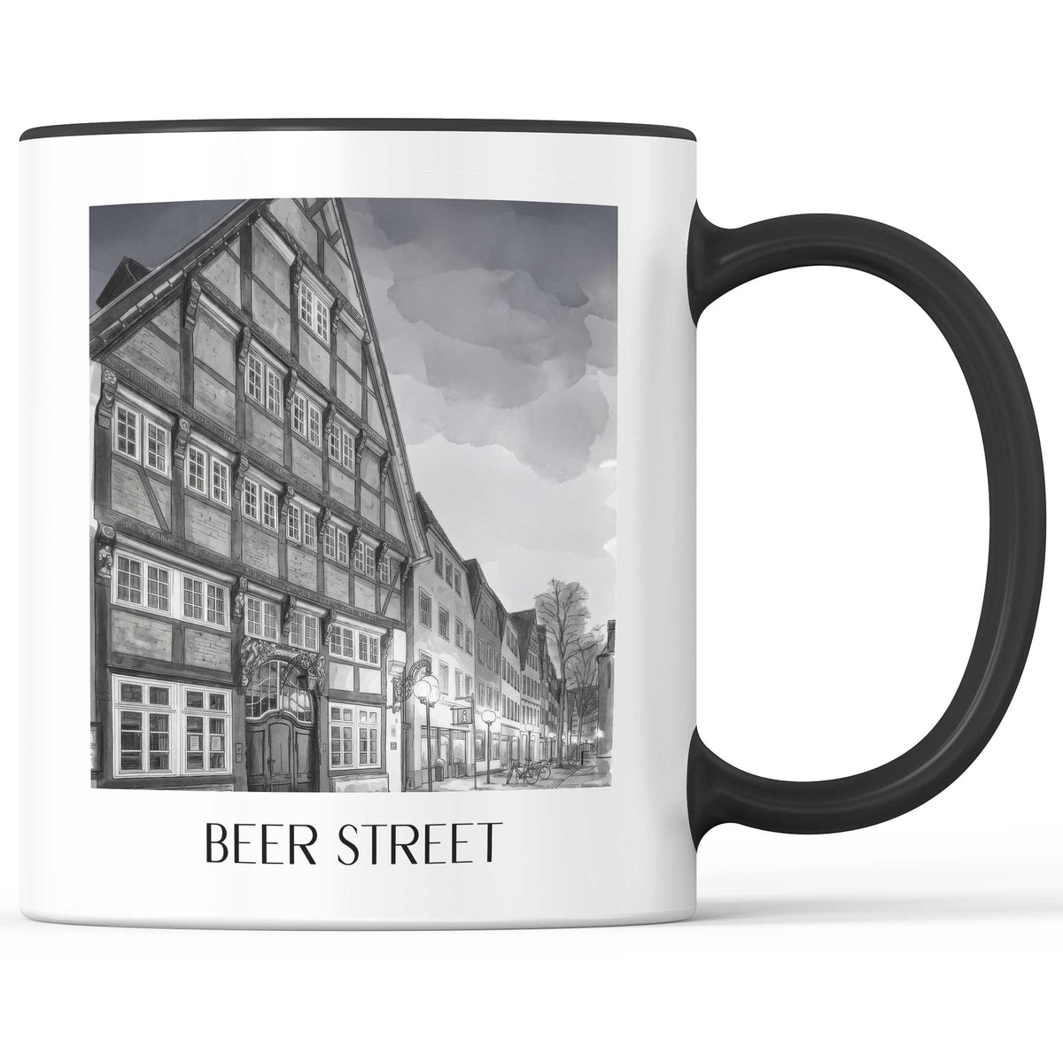 Bierstraße Kaffeebecher - Osnabrück - Deutschland Becher - Kaffeetasse im Aquarell Schwarz-Weiß Stil - favplace
