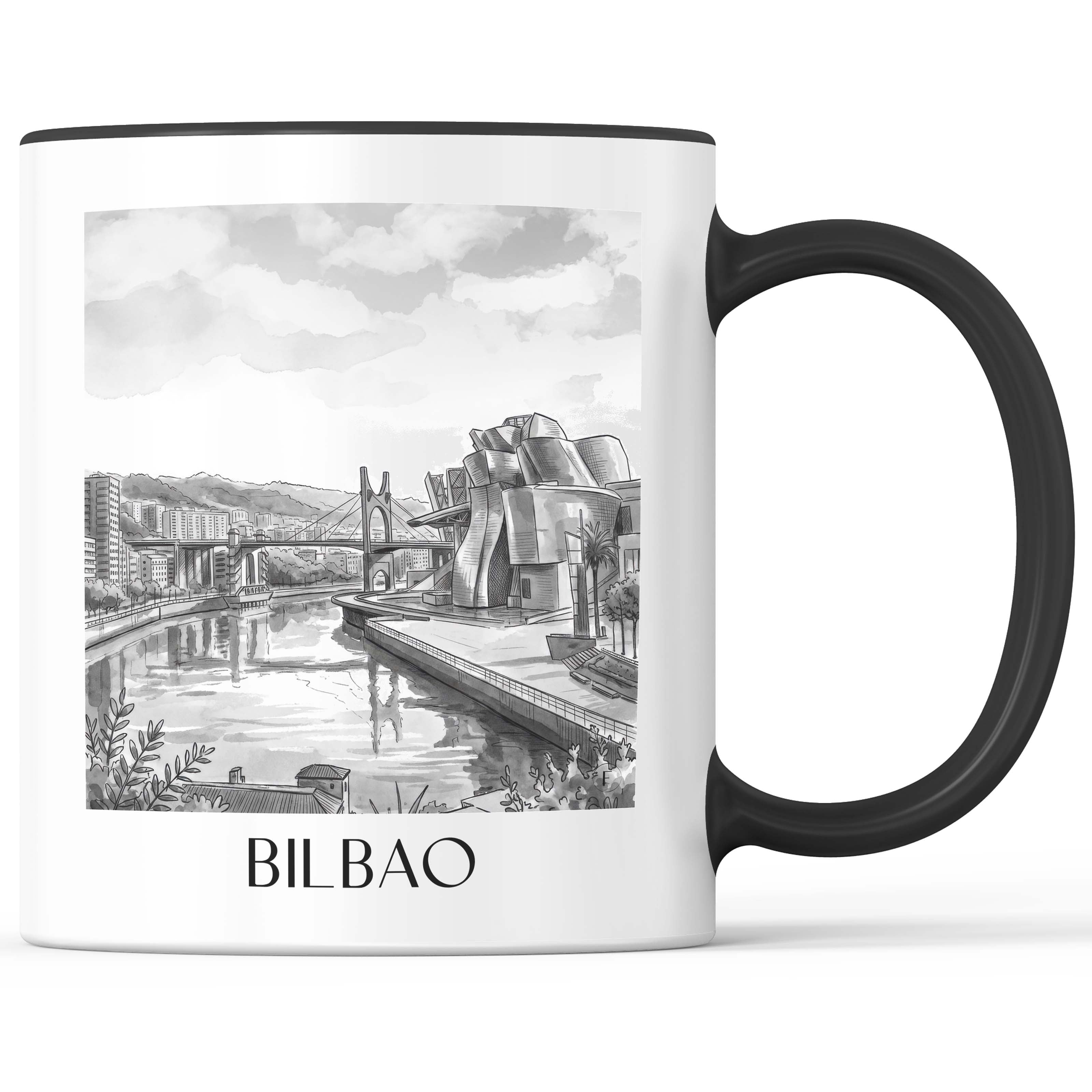 Bilbao Kaffeebecher - Spanien - Spanien Becher - Kaffeetasse im Aquarell Schwarz-Weiß Stil - favplace