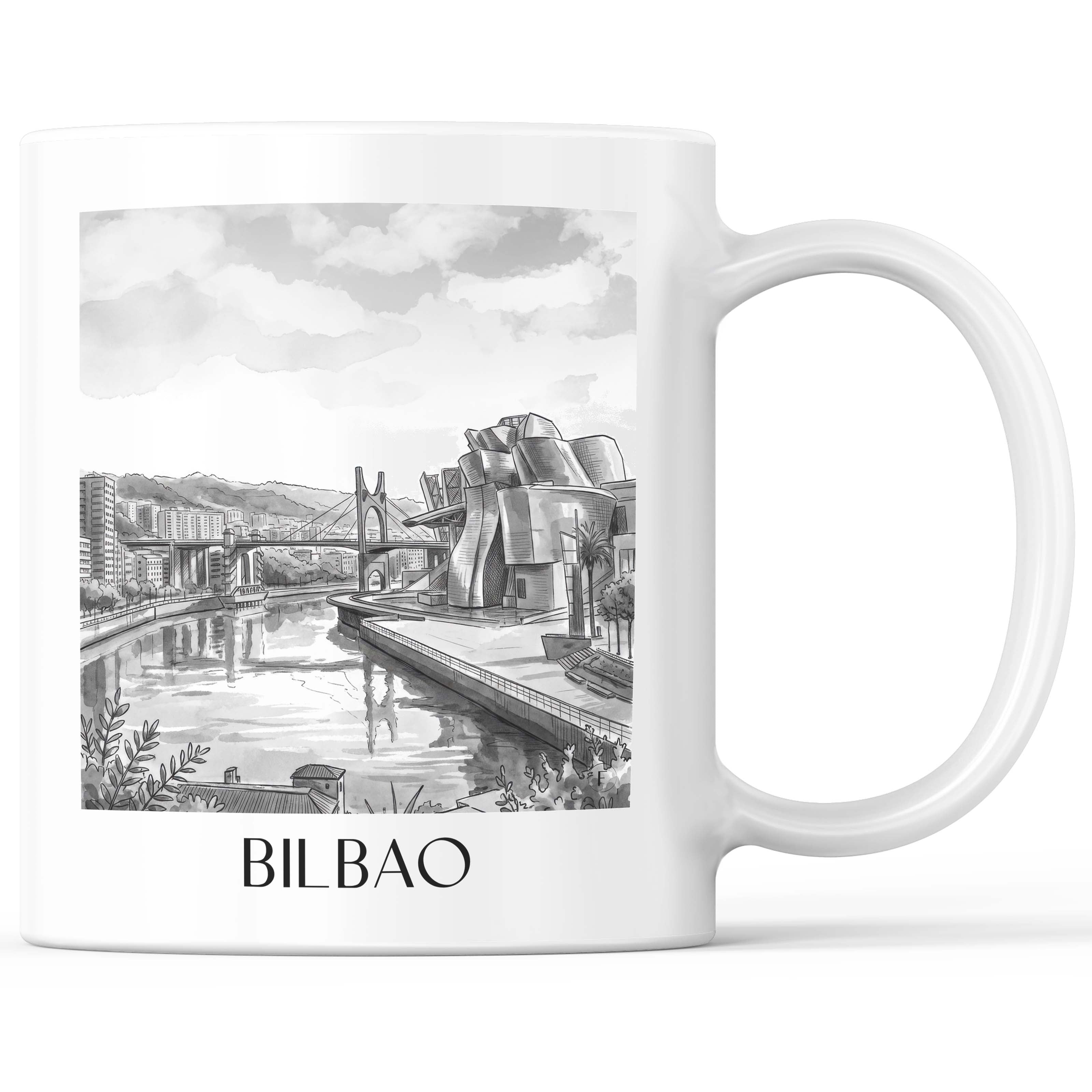 Bilbao Kaffeebecher - Spanien - Spanien Becher - Kaffeetasse im Aquarell Schwarz-Weiß Stil - favplace