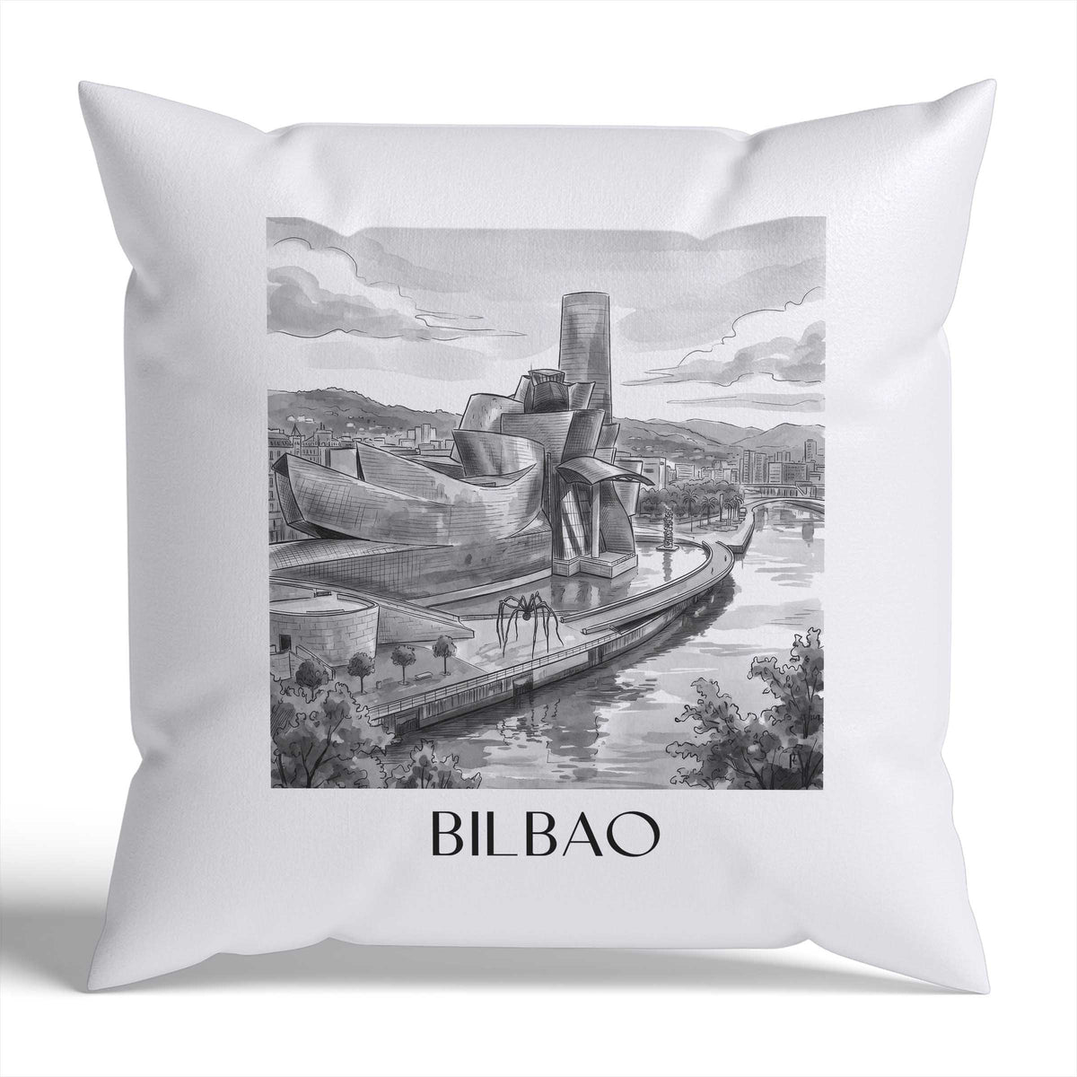 Bilbao Kissenhülle - Zierkissen Bezug - Spanien - Spanien Kissen bzw. Kissenbezug im Aquarell Schwarz-Weiß Stil - favplace