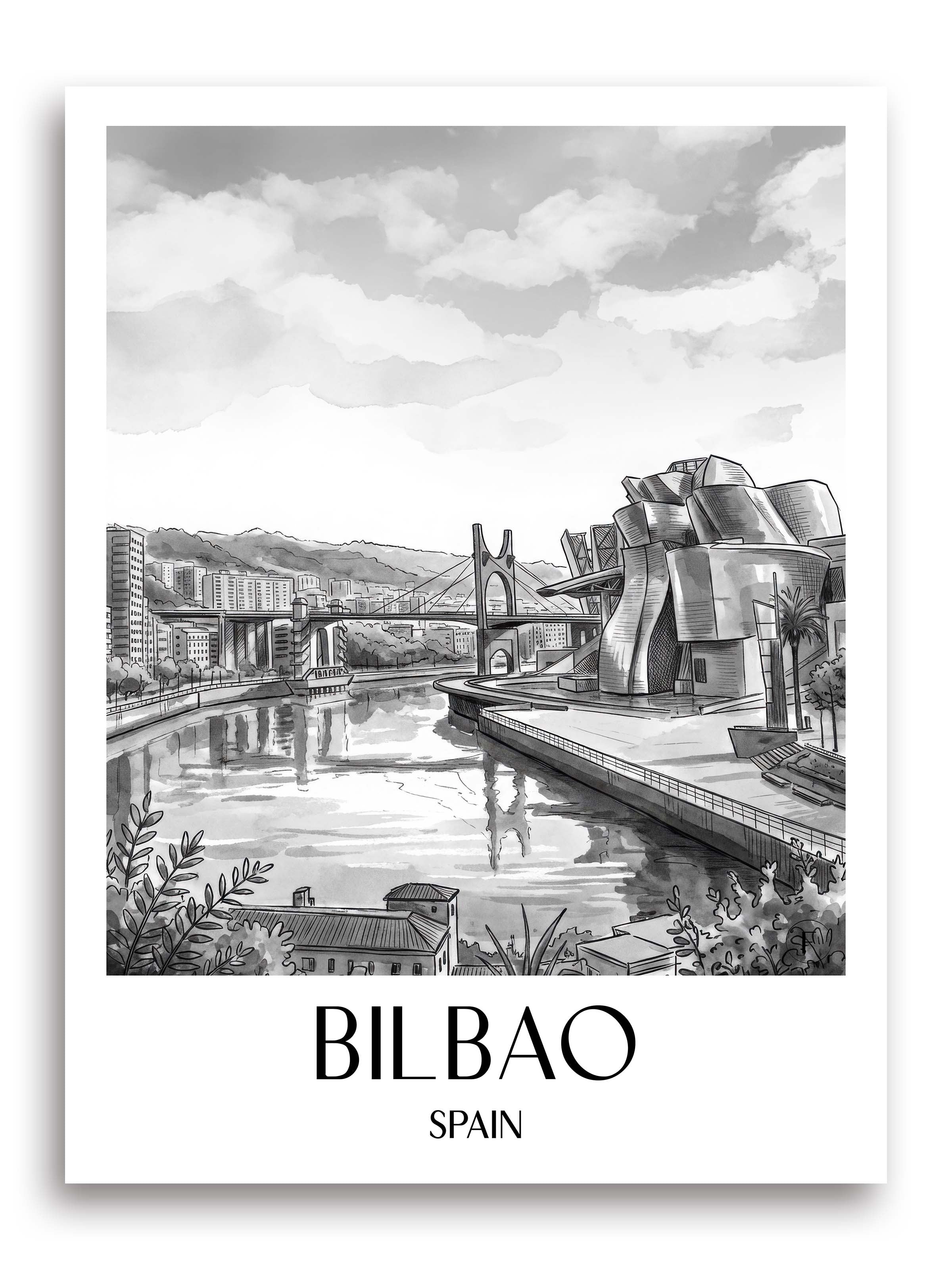 Bilbao Poster - Spanien - Spanien Kunstdruck - Aquarell Schwarz-Weiß von A4 bis A1 - favplace