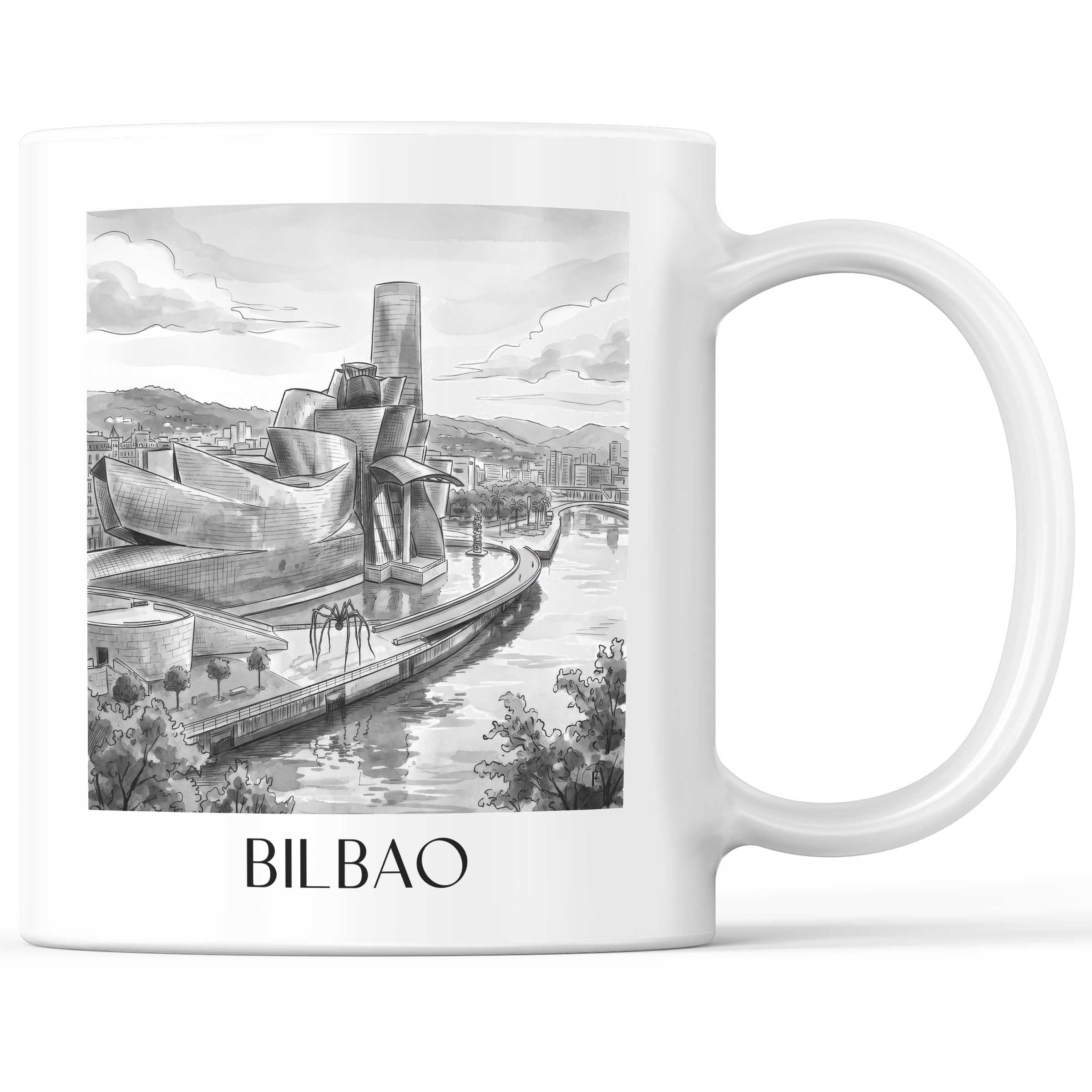 Bilbao - Spanien Becher - Kaffeetasse im Aquarell Schwarz-Weiß Stil - favplace
