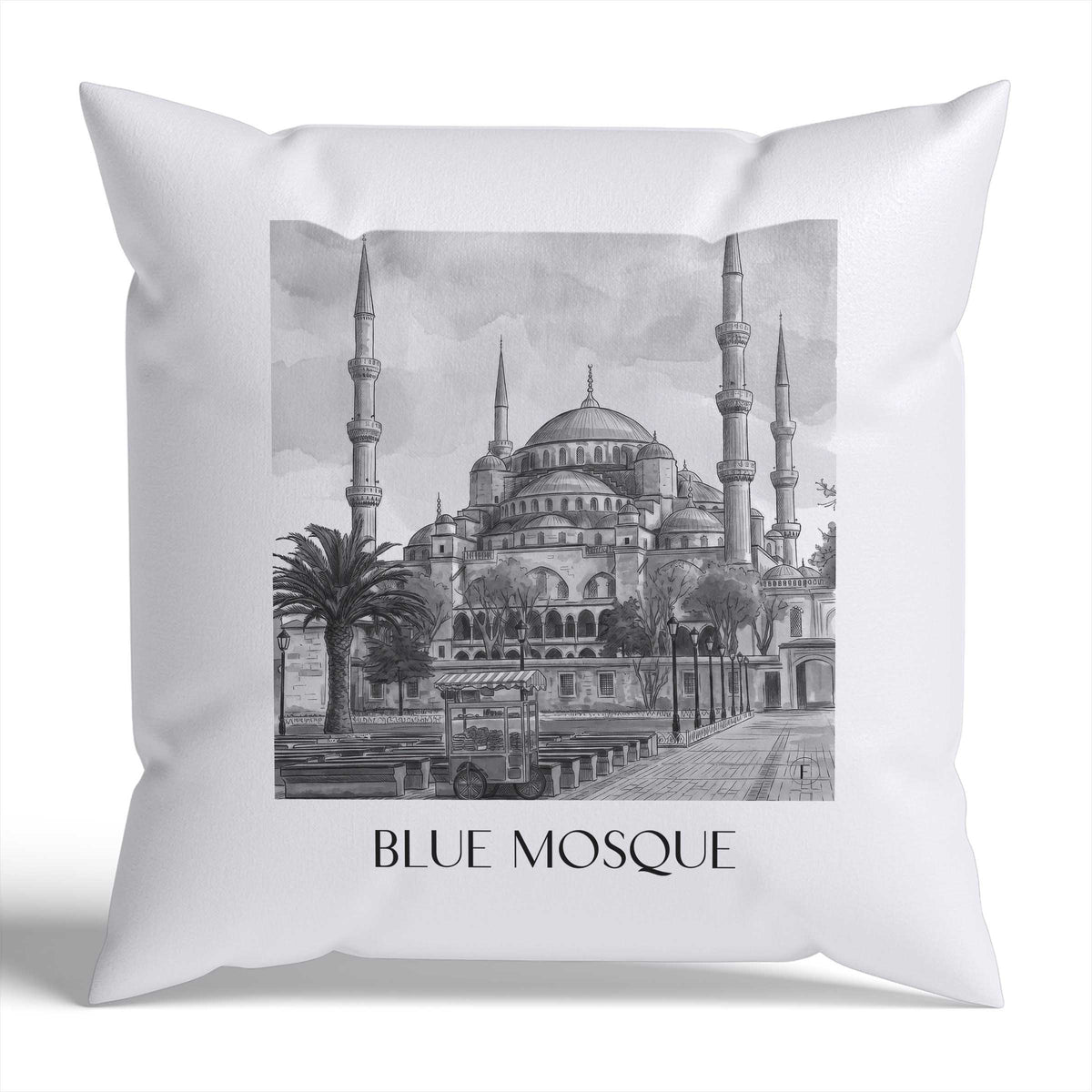 Blaue Moschee Kissenhülle - Zierkissen Bezug - Türkei - Türkei Kissen bzw. Kissenbezug im Aquarell Schwarz-Weiß Stil - favplace