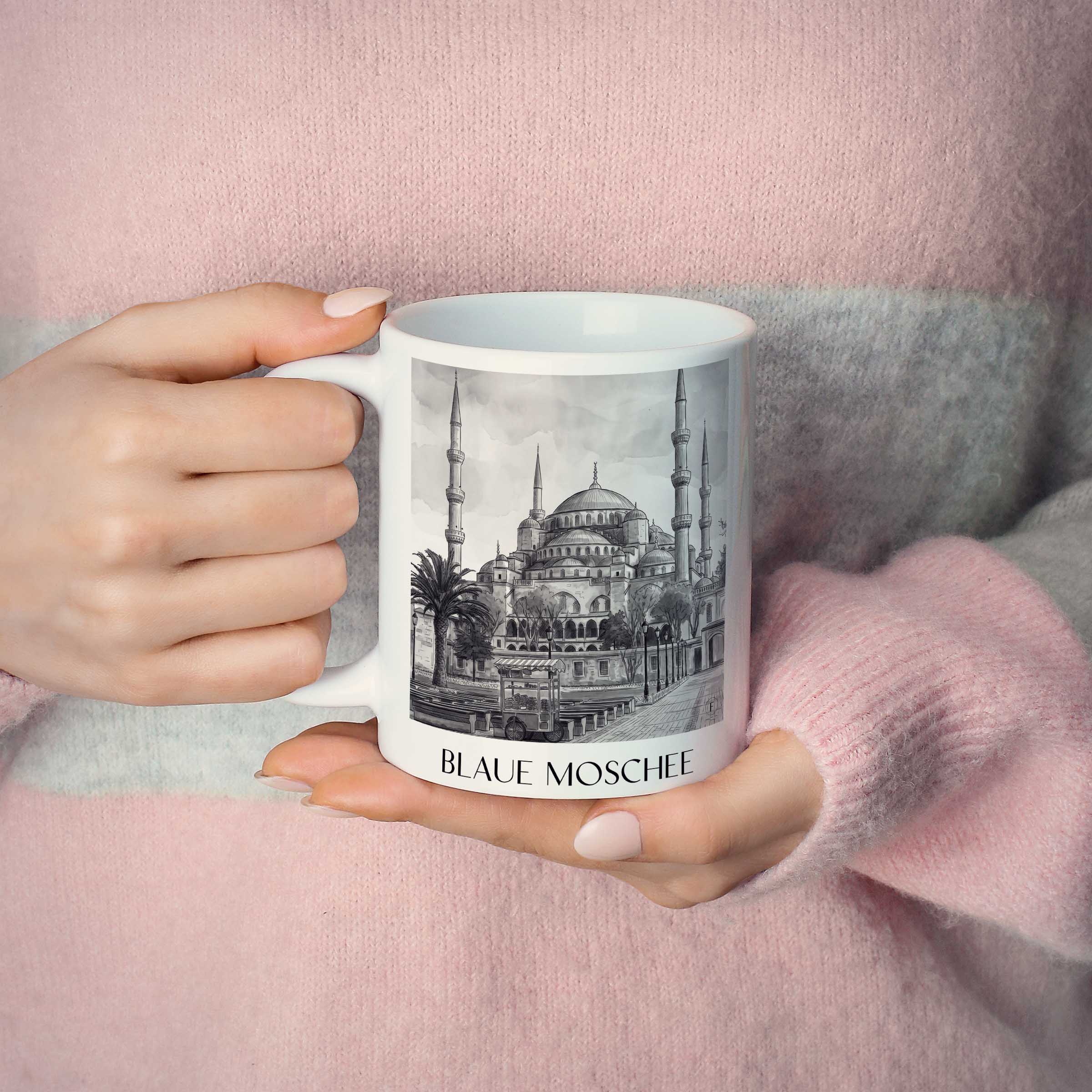 blaue-moschee-türkei-kaffeebecher-aquarell-schwarz-weiss