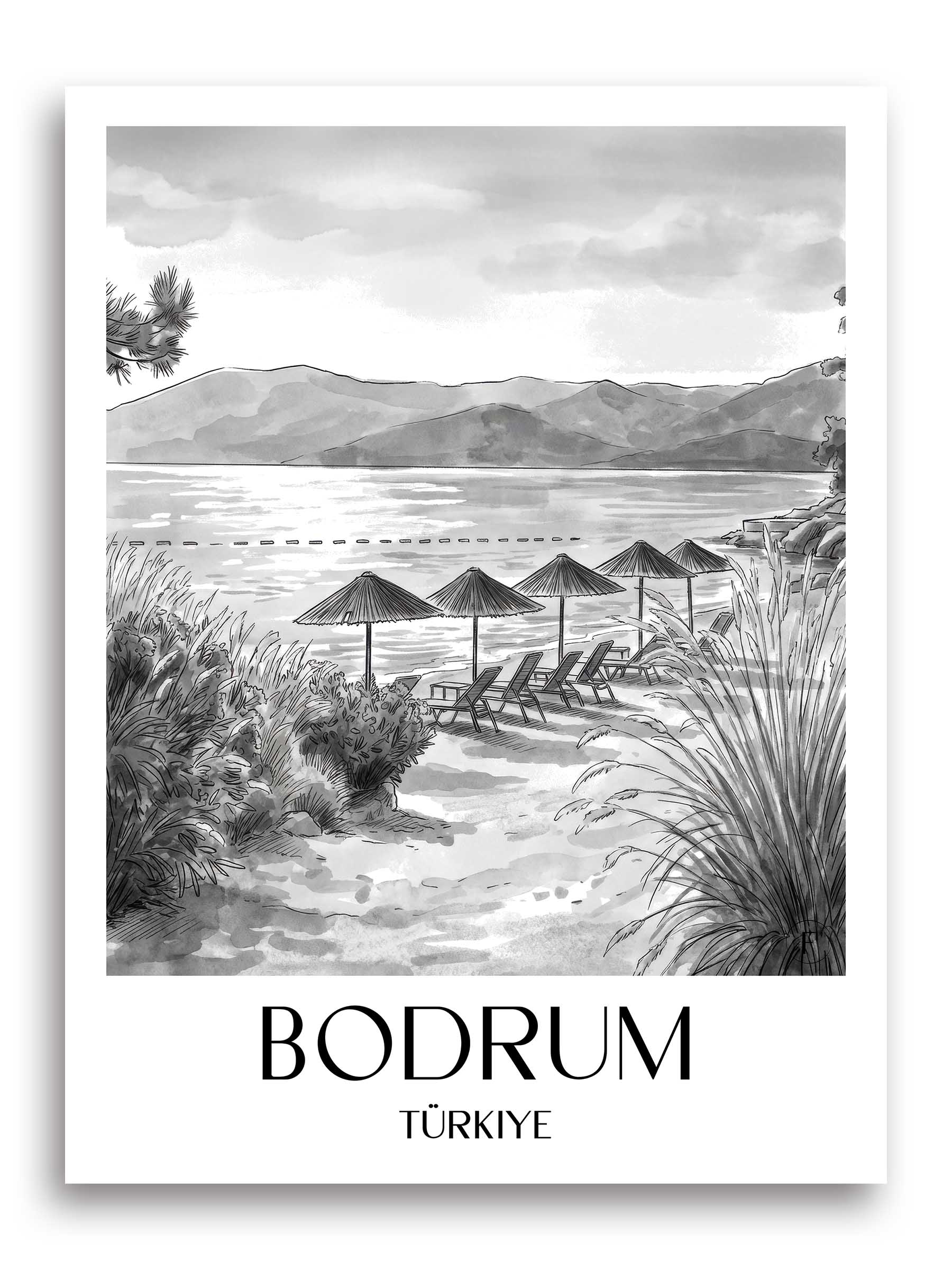 Bodrum Poster - - Türkei Kunstdruck - Aquarell Schwarz-Weiß von A4 bis A1 - favplace