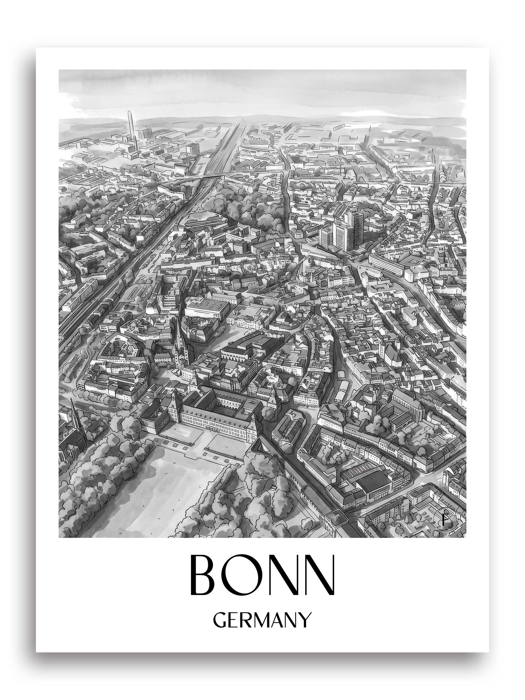 Bonn Poster - - Deutschland Kunstdruck - Aquarell Schwarz-Weiß von A4 bis A1 - favplace