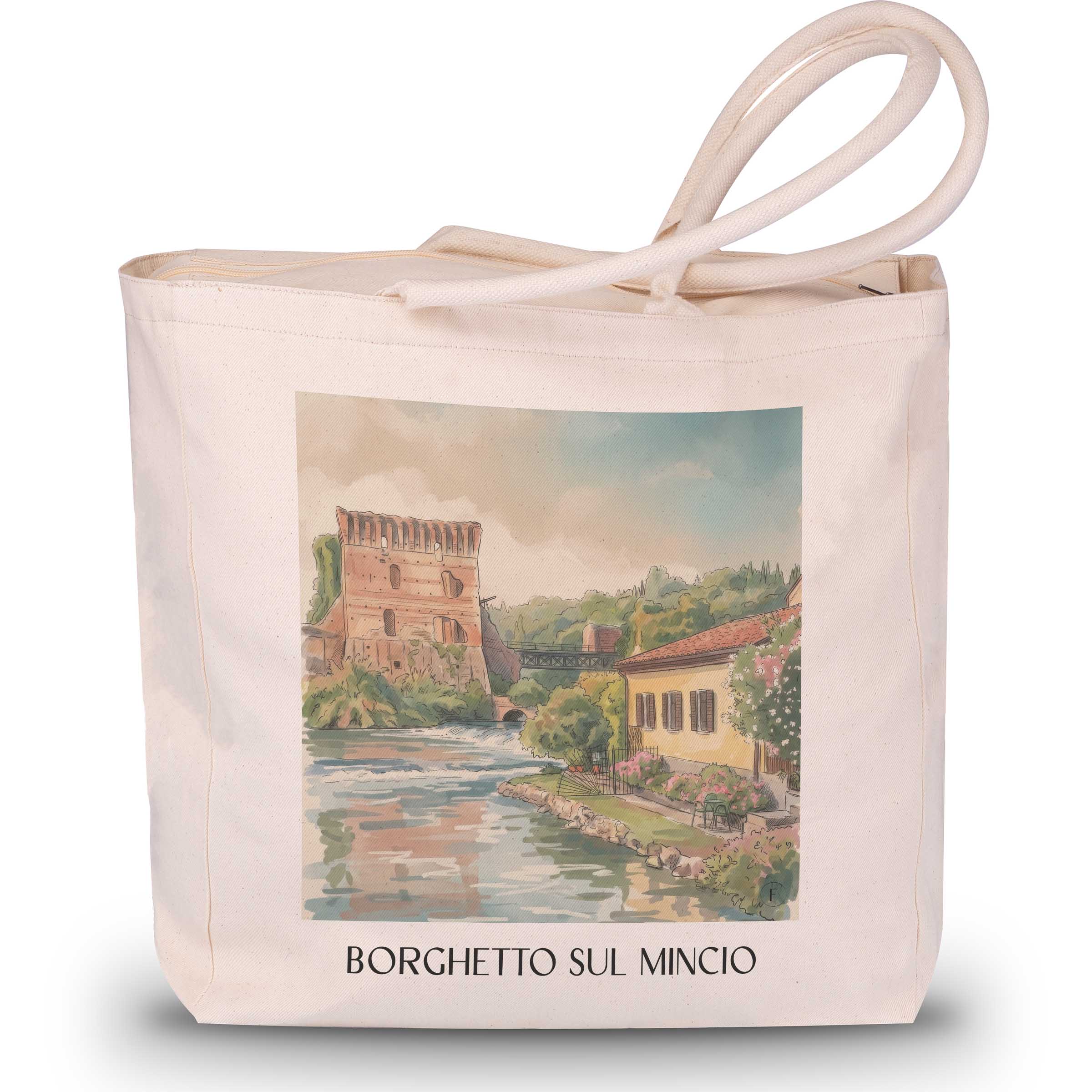 Borghetto sul Mincio Shopping Tasche - Venetien - Italien Tote Bag - Einkaufstasche im Aquarell Stil - favplace