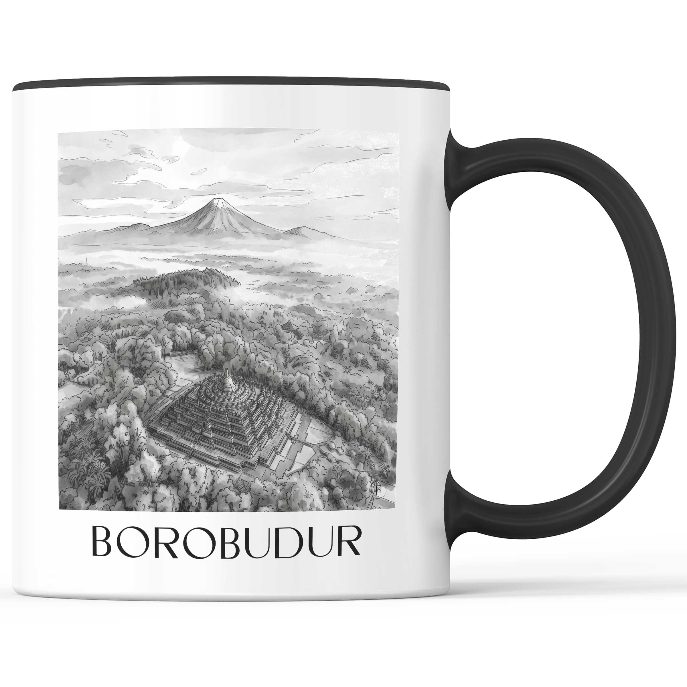 Borobodur - Indonesien Becher - Kaffeetasse im Aquarell Schwarz-Weiß Stil - favplace