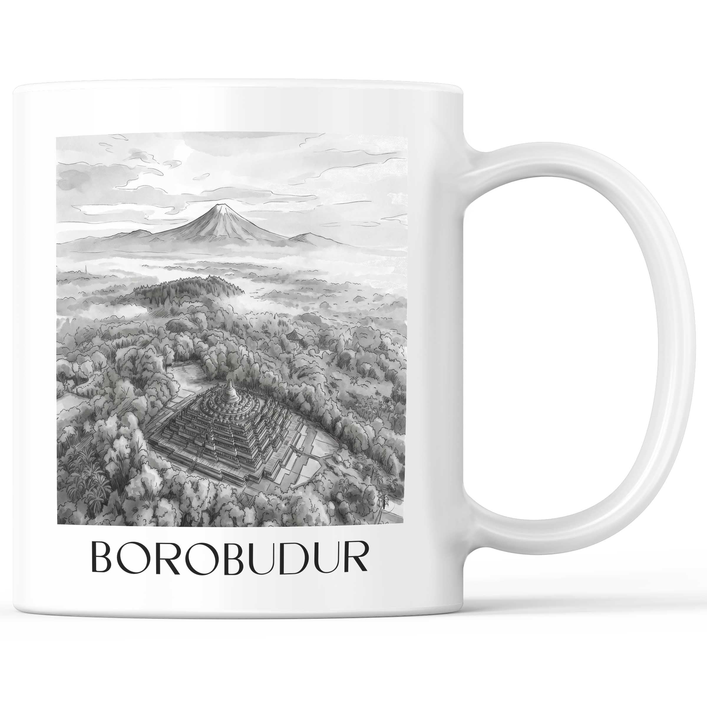 Borobodur - Indonesien Becher - Kaffeetasse im Aquarell Schwarz-Weiß Stil - favplace