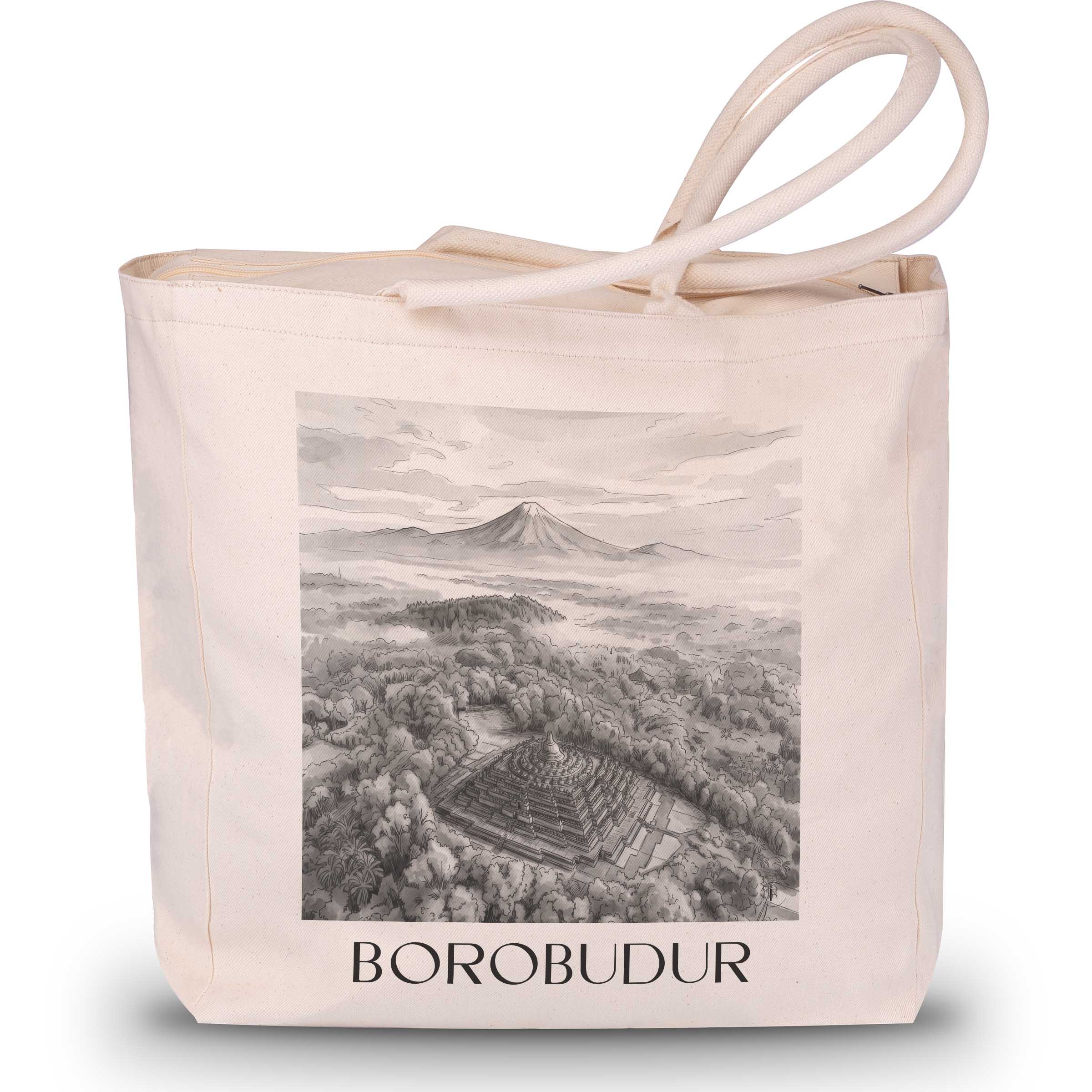 Borobodur - Indonesien Tote Bag - Einkaufstasche im Aquarell Schwarz-Weiß Stil - favplace