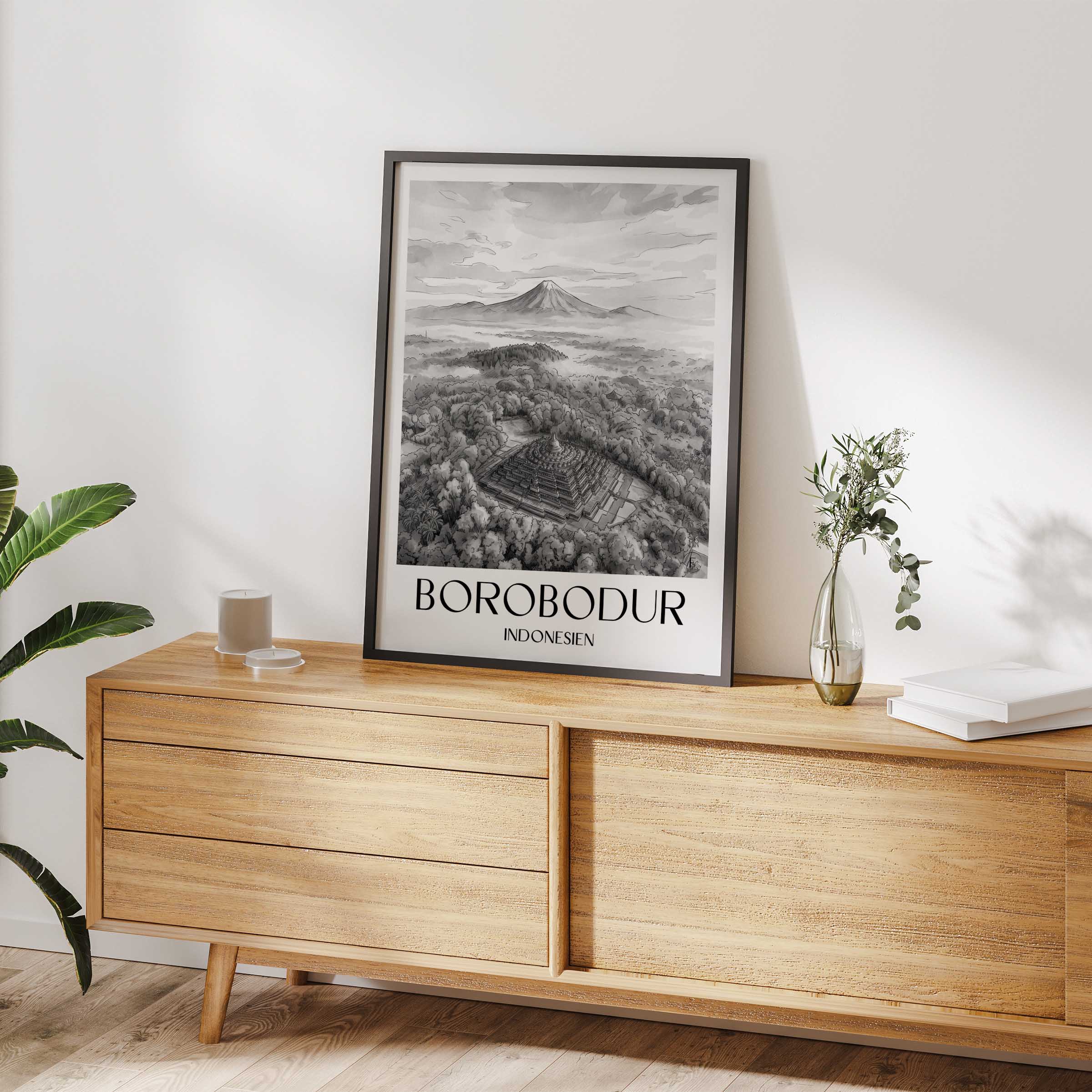 borobodur-indonesien-poster-aquarell-schwarz-weiss