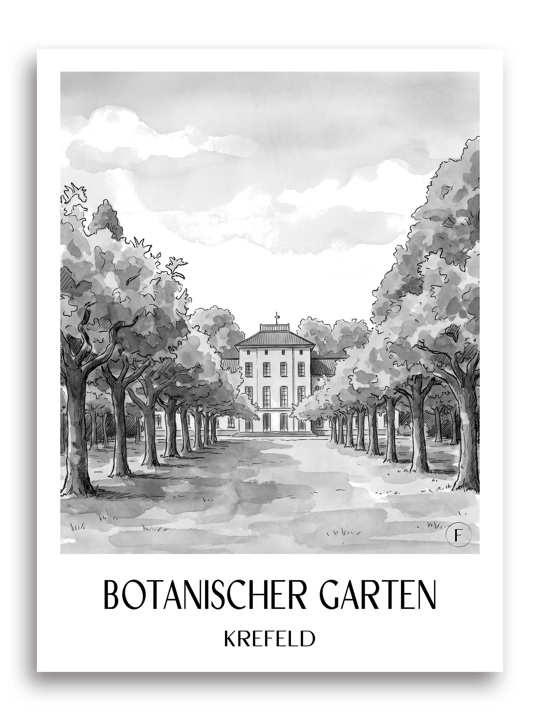 botanischer-garten-krefeld-deutschland-poster-aquarell-schwarz-weiss