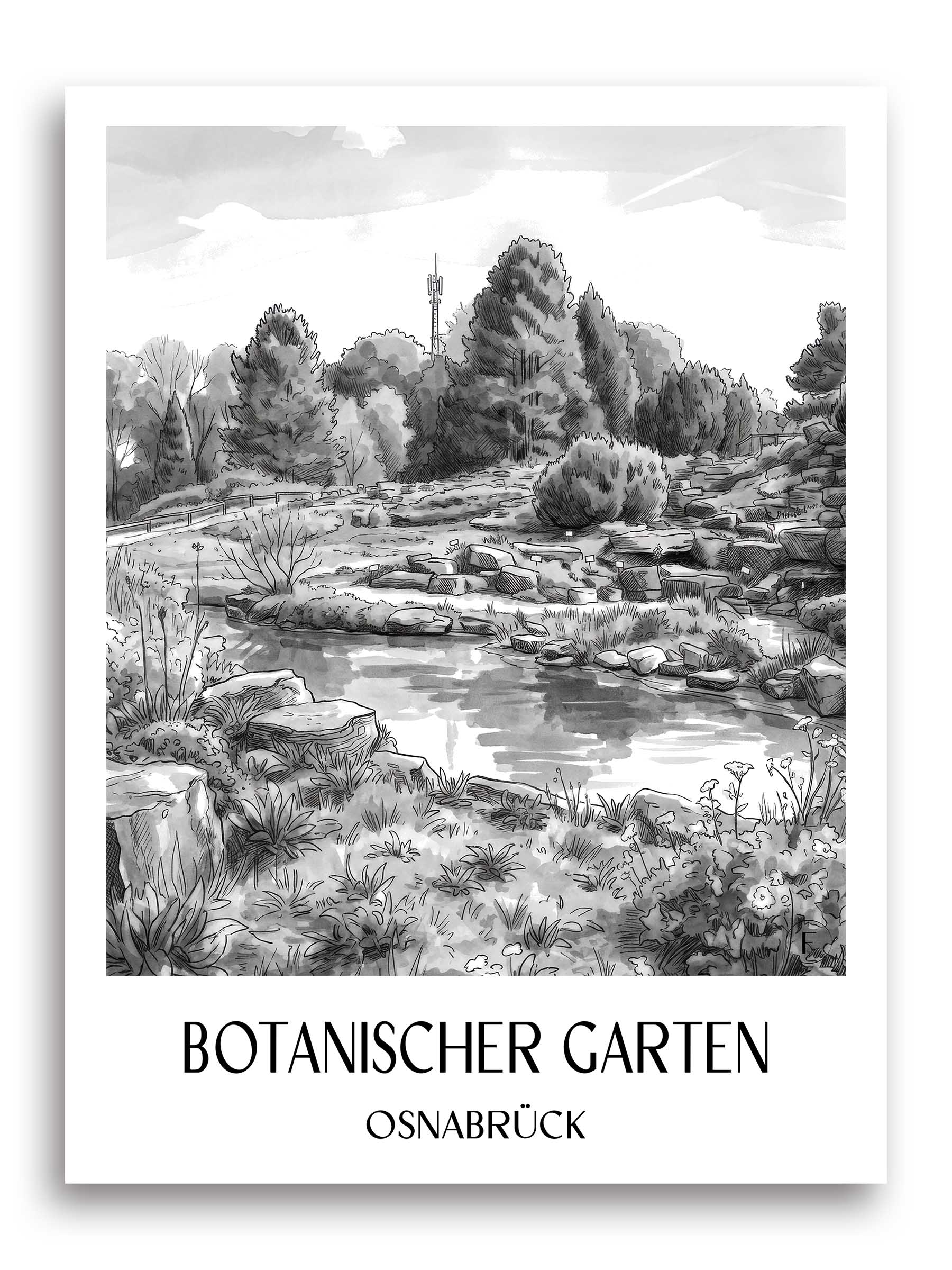 botanischer-garten-osnabrück-deutschland-poster-aquarell-schwarz-weiss