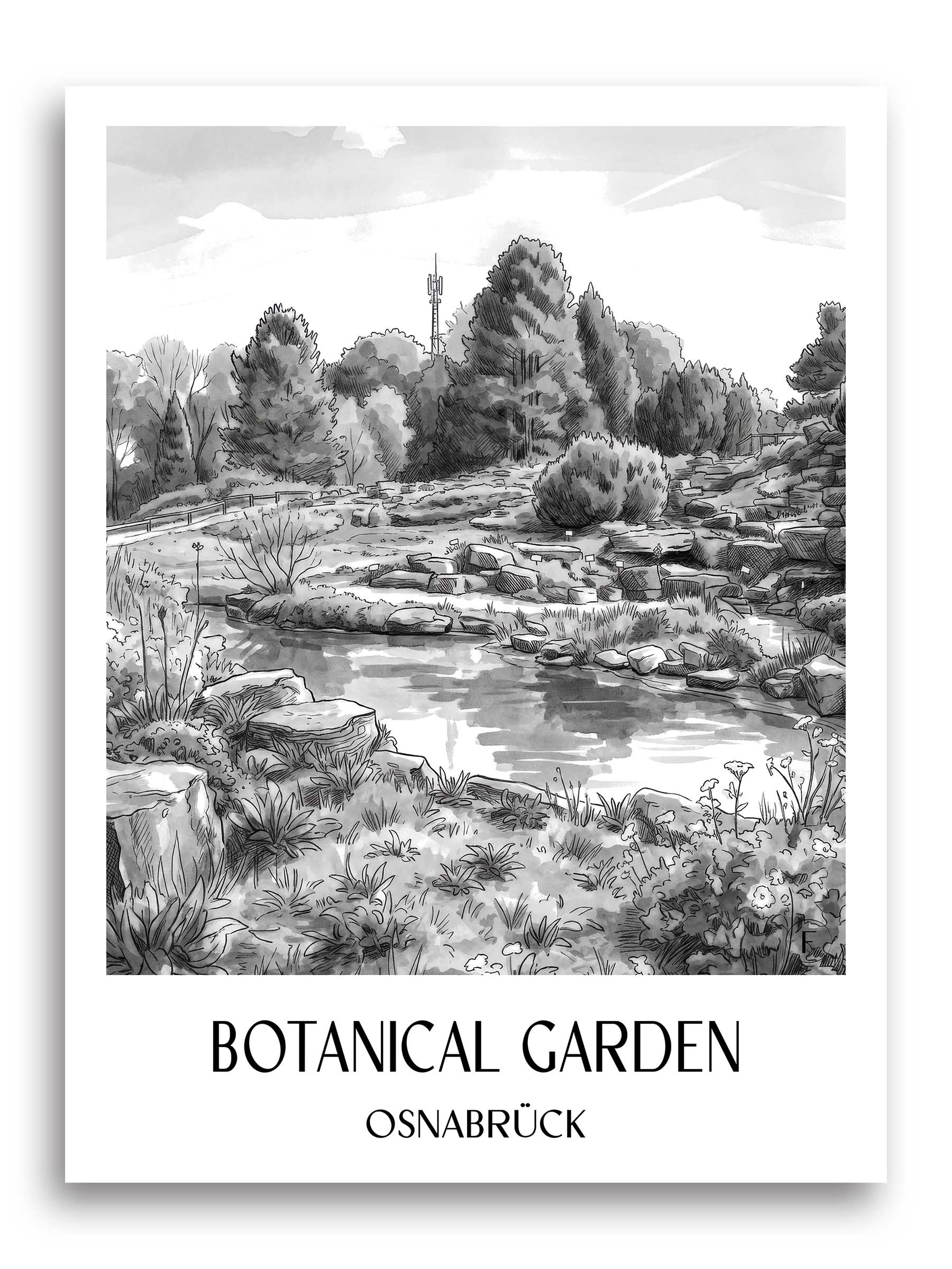 Botanischer Garten Poster - Osnabrück - Deutschland Kunstdruck - Aquarell Schwarz-Weiß von A4 bis A1
