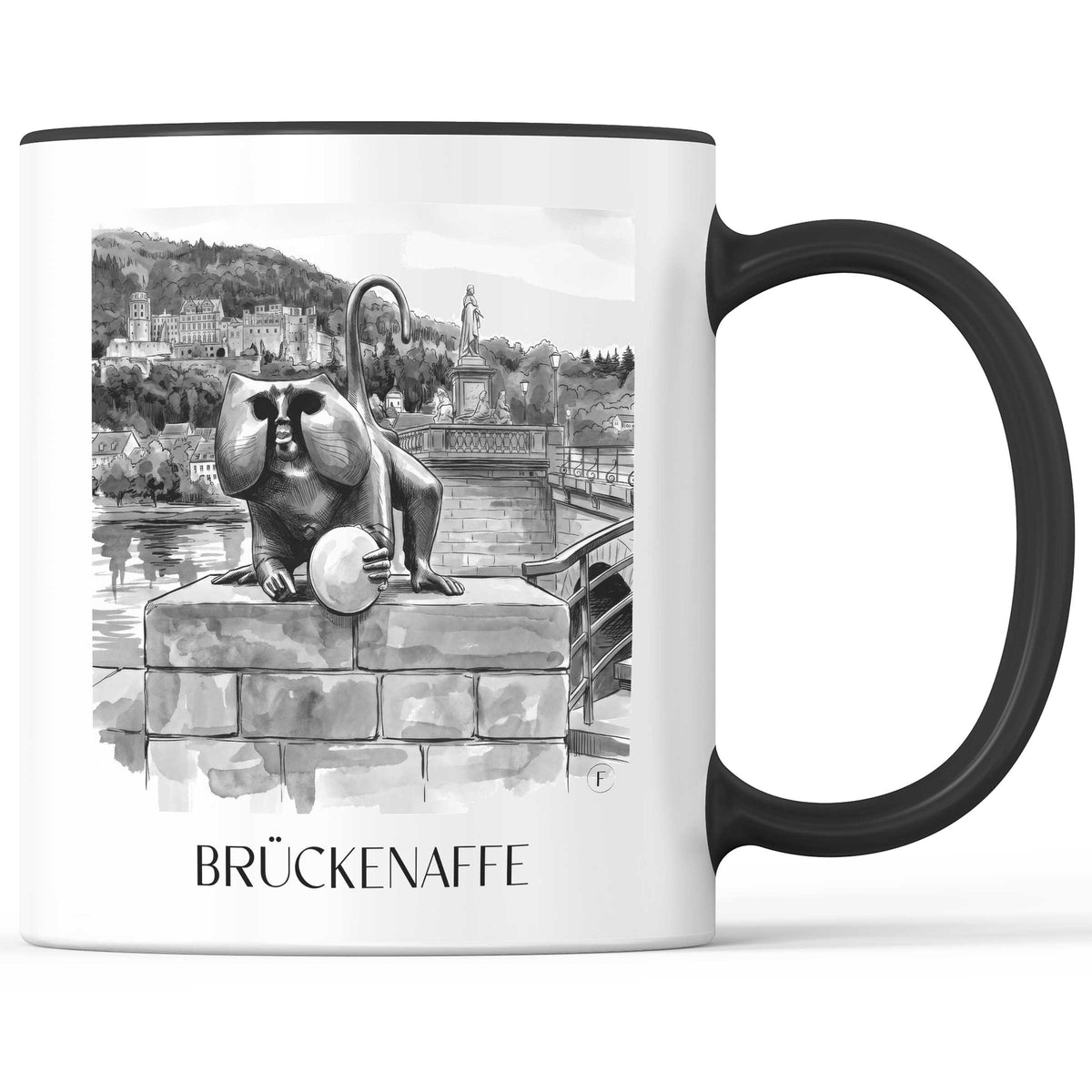 brückenaffe-heidelberg-deutschland-kaffeebecher-aquarell-schwarz-weiss
