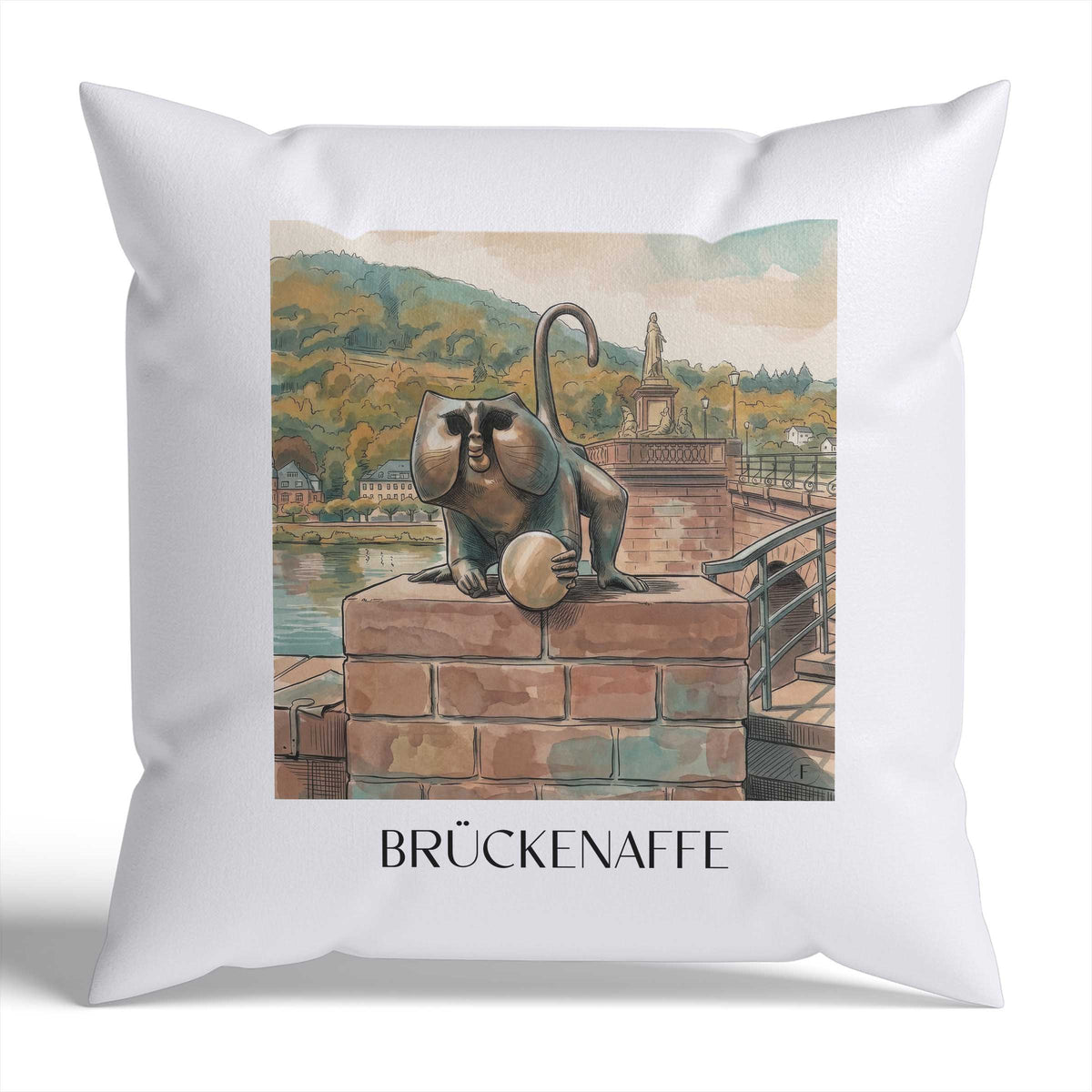 brückenaffe-heidelberg-deutschland-kissenbezug-aquarell