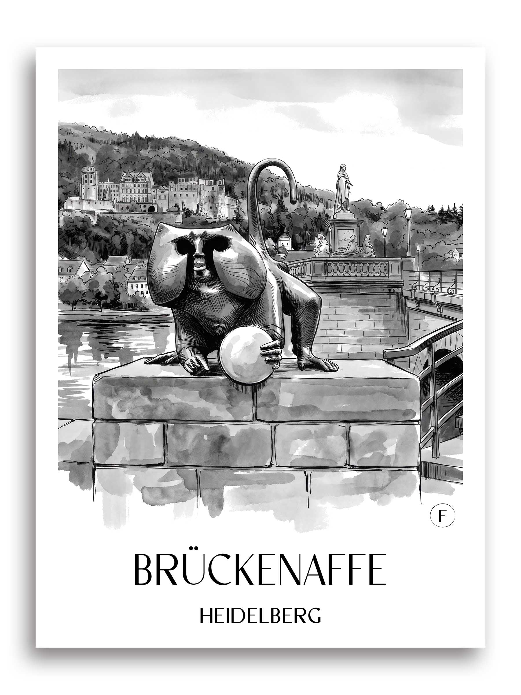 brückenaffe-heidelberg-deutschland-poster-aquarell-schwarz-weiss