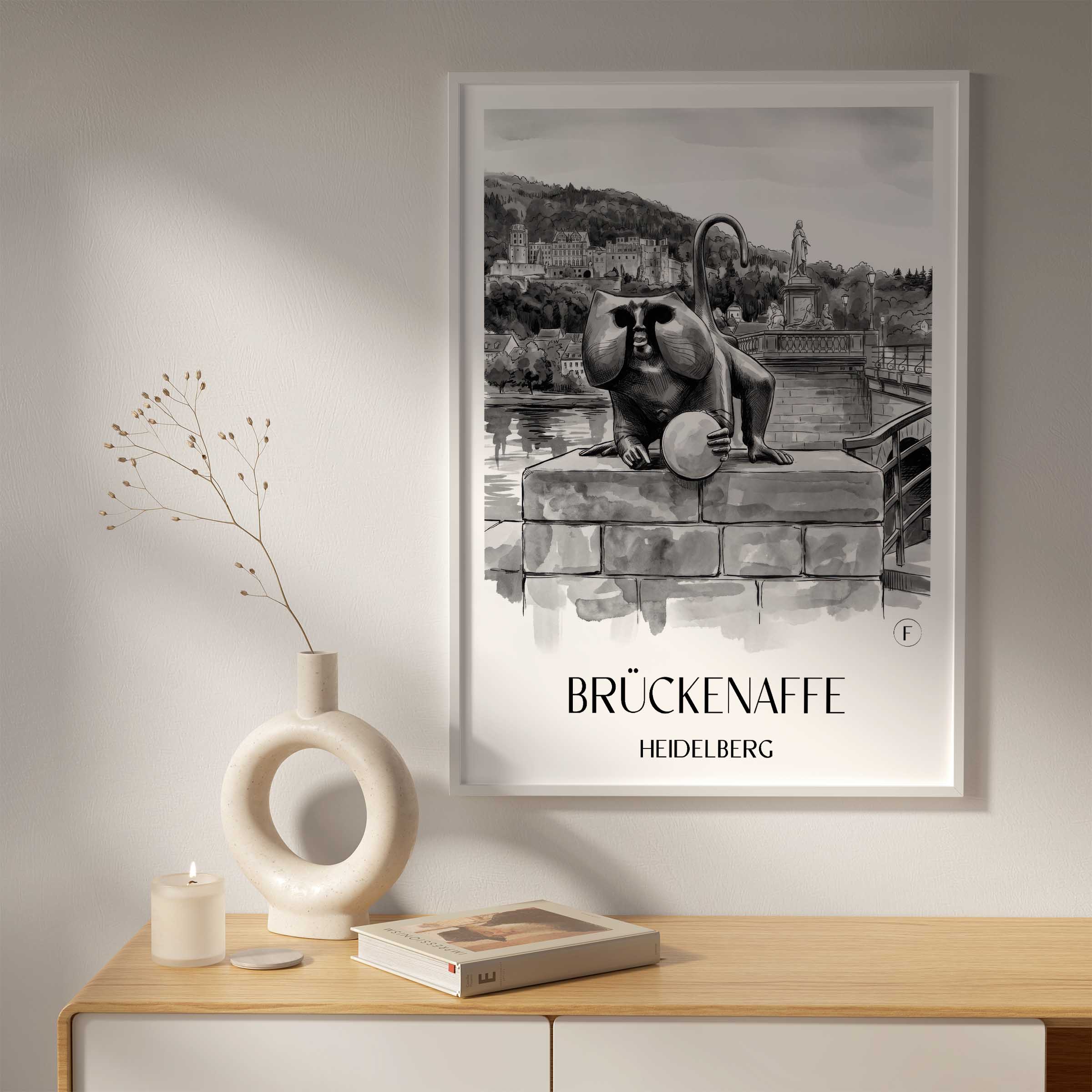 brückenaffe-heidelberg-deutschland-poster-aquarell-schwarz-weiss