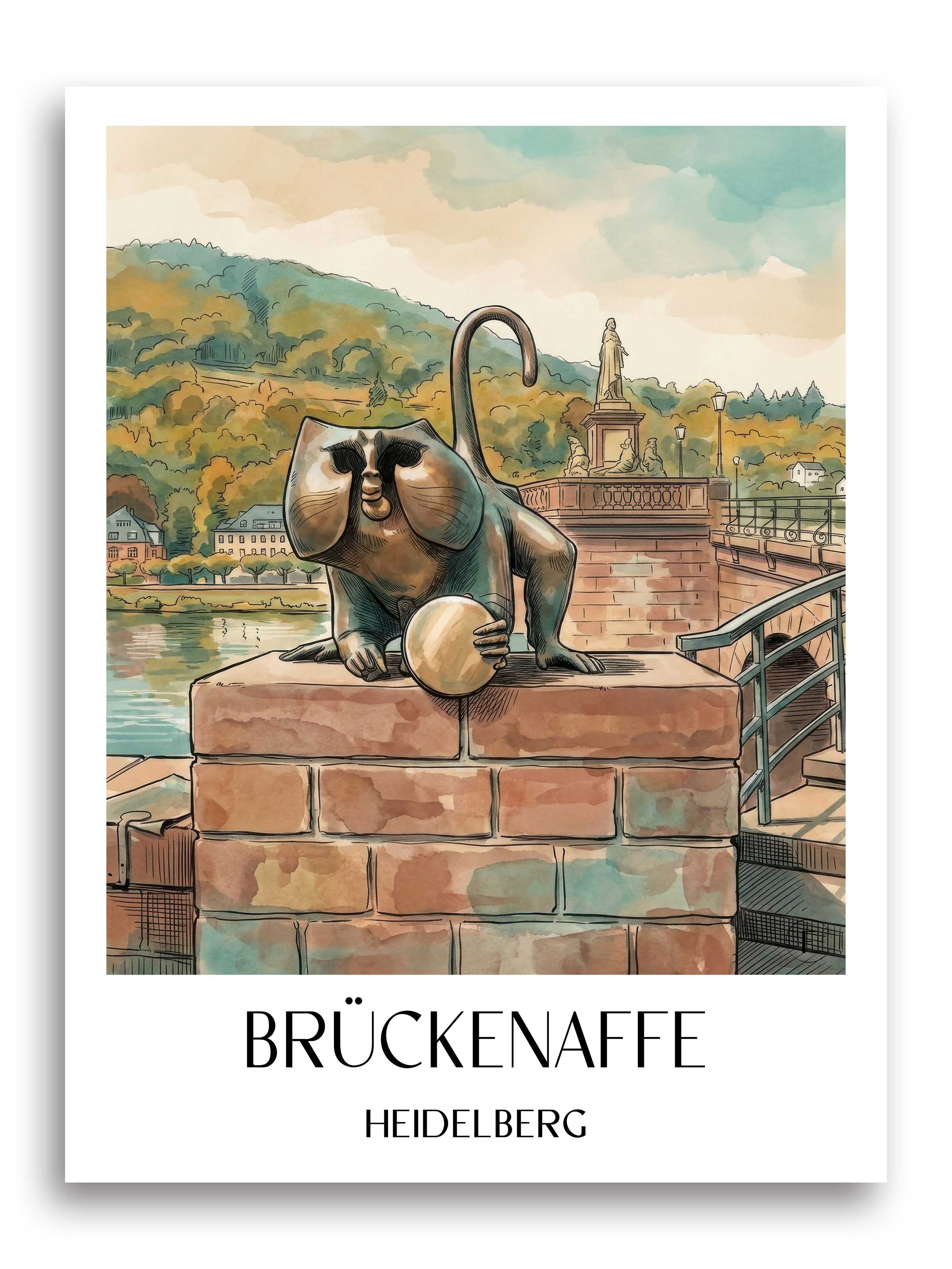 brückenaffe-heidelberg-deutschland-poster-aquarell