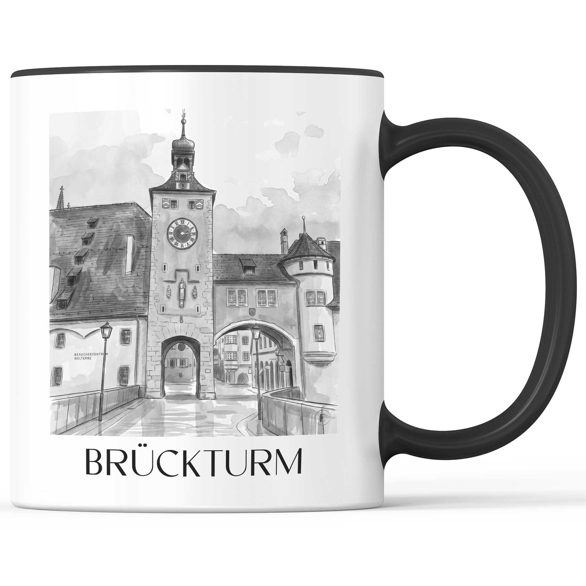brückturm-regensburg-deutschland-kaffeebecher-aquarell-schwarz-weiss