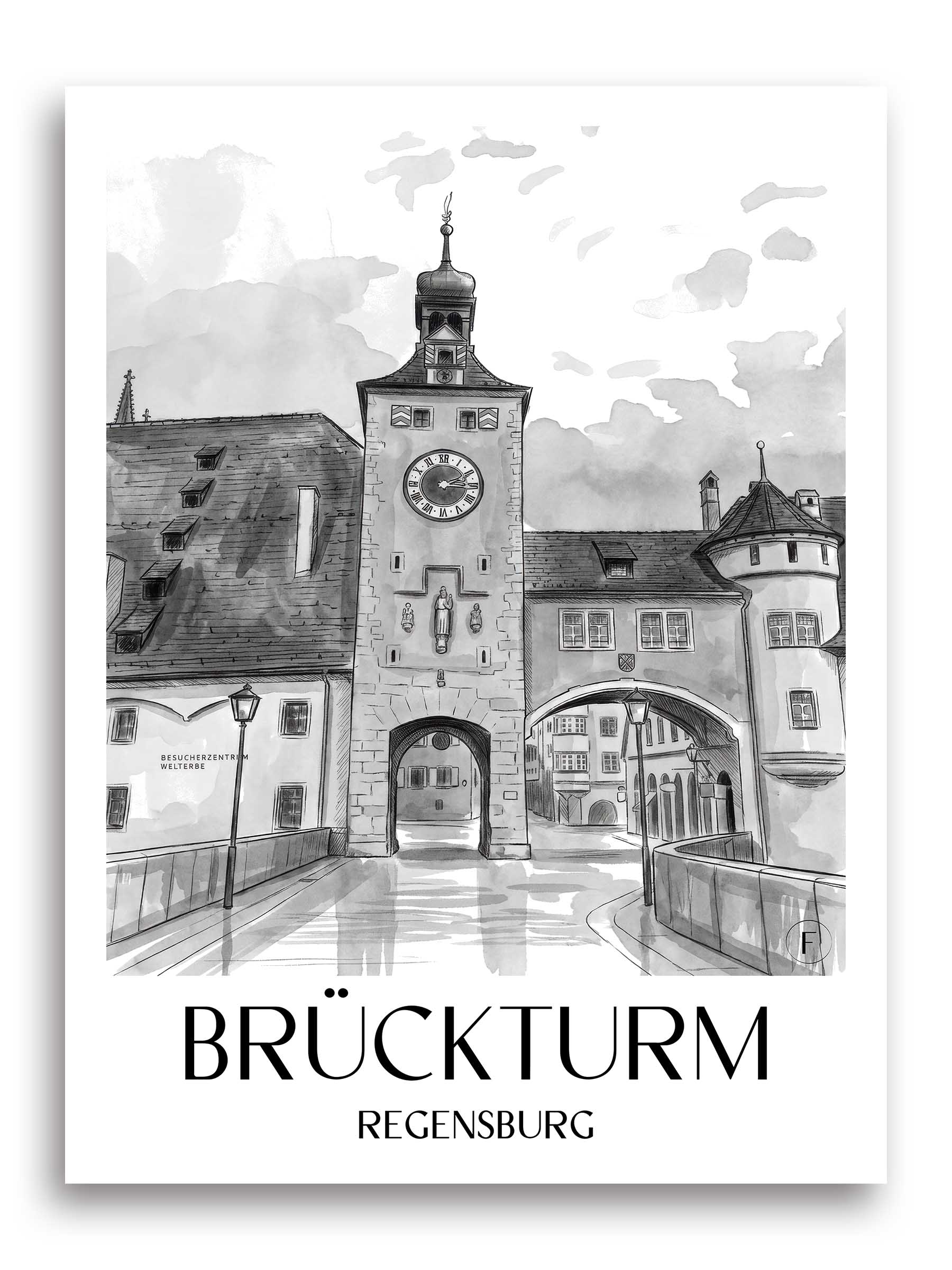 brückturm-regensburg-deutschland-poster-aquarell-schwarz-weiss