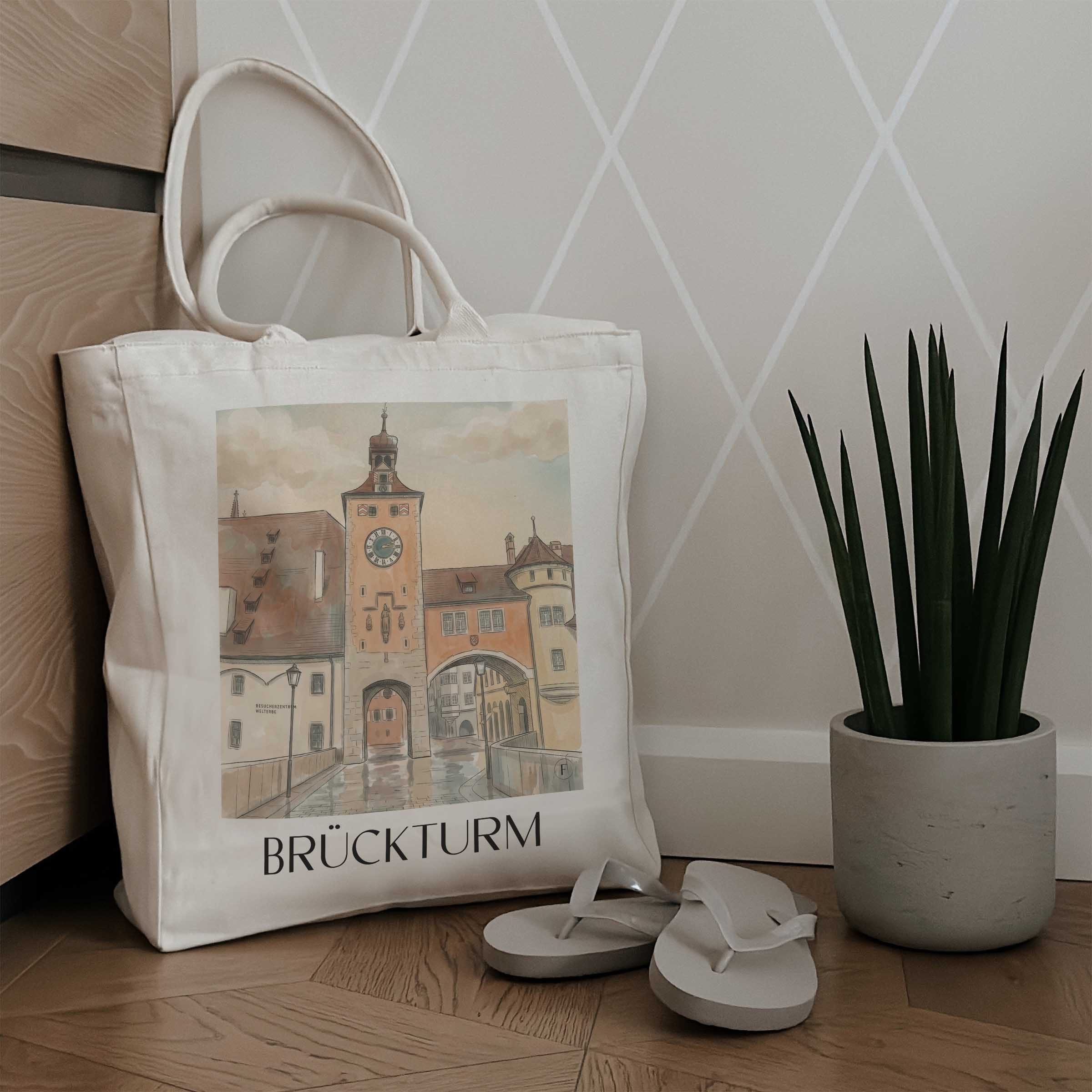 brückturm-regensburg-deutschland-einkaufstasche-aquarell