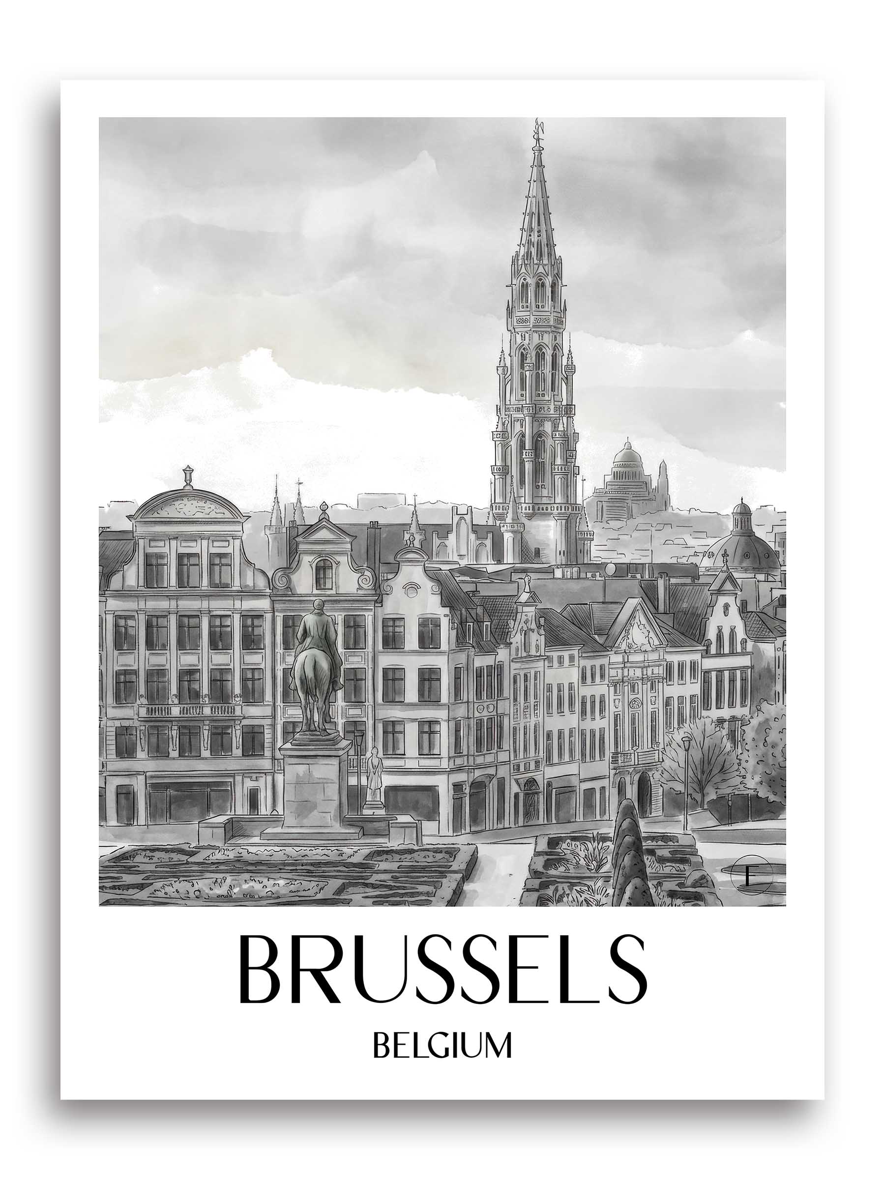 Brüssel Poster - - Belgien Kunstdruck - Aquarell Schwarz-Weiß von A4 bis A1 - favplace