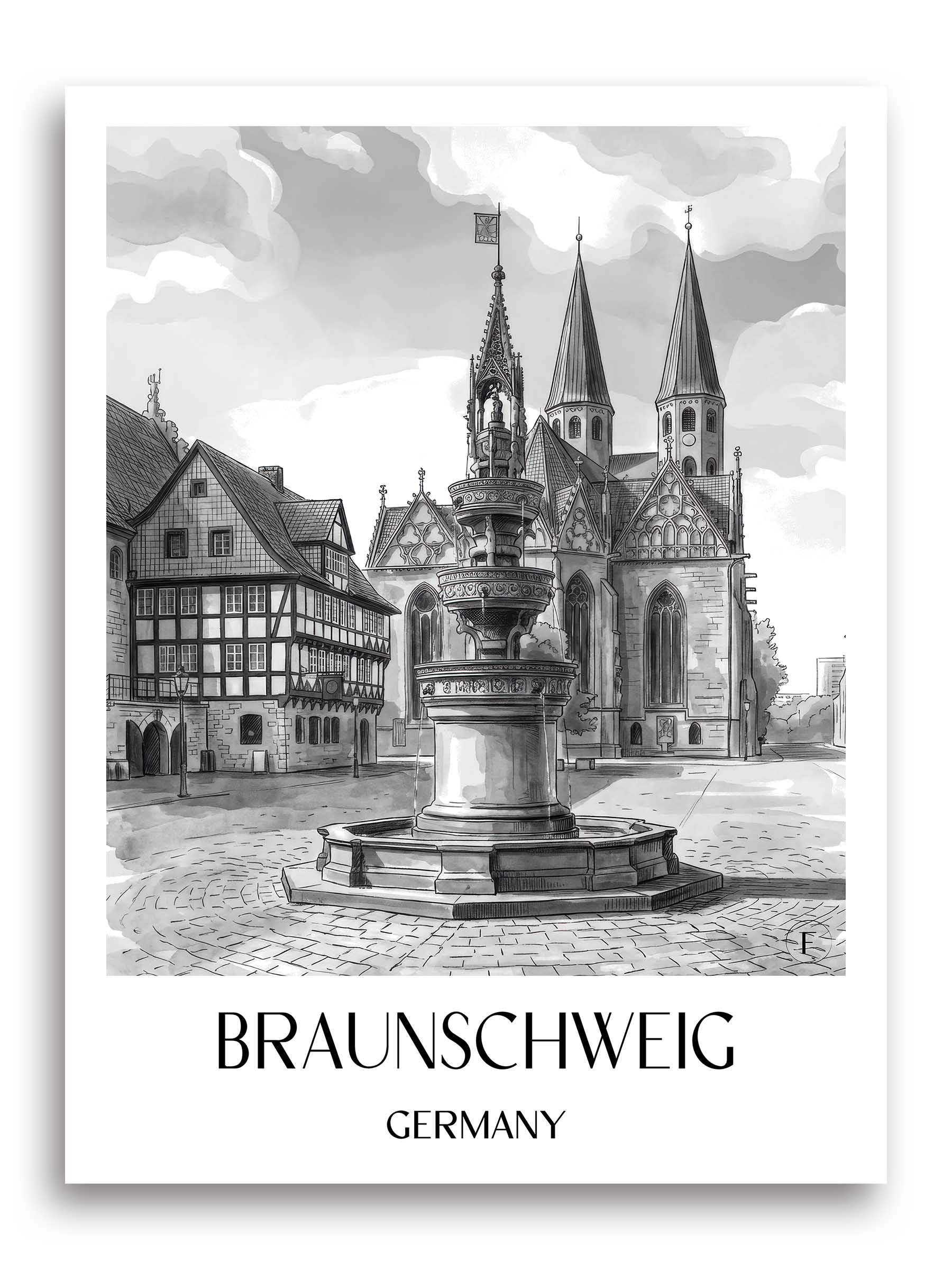 Braunschweig Poster - - Deutschland Kunstdruck - Aquarell Schwarz-Weiß von A4 bis A1 - favplace