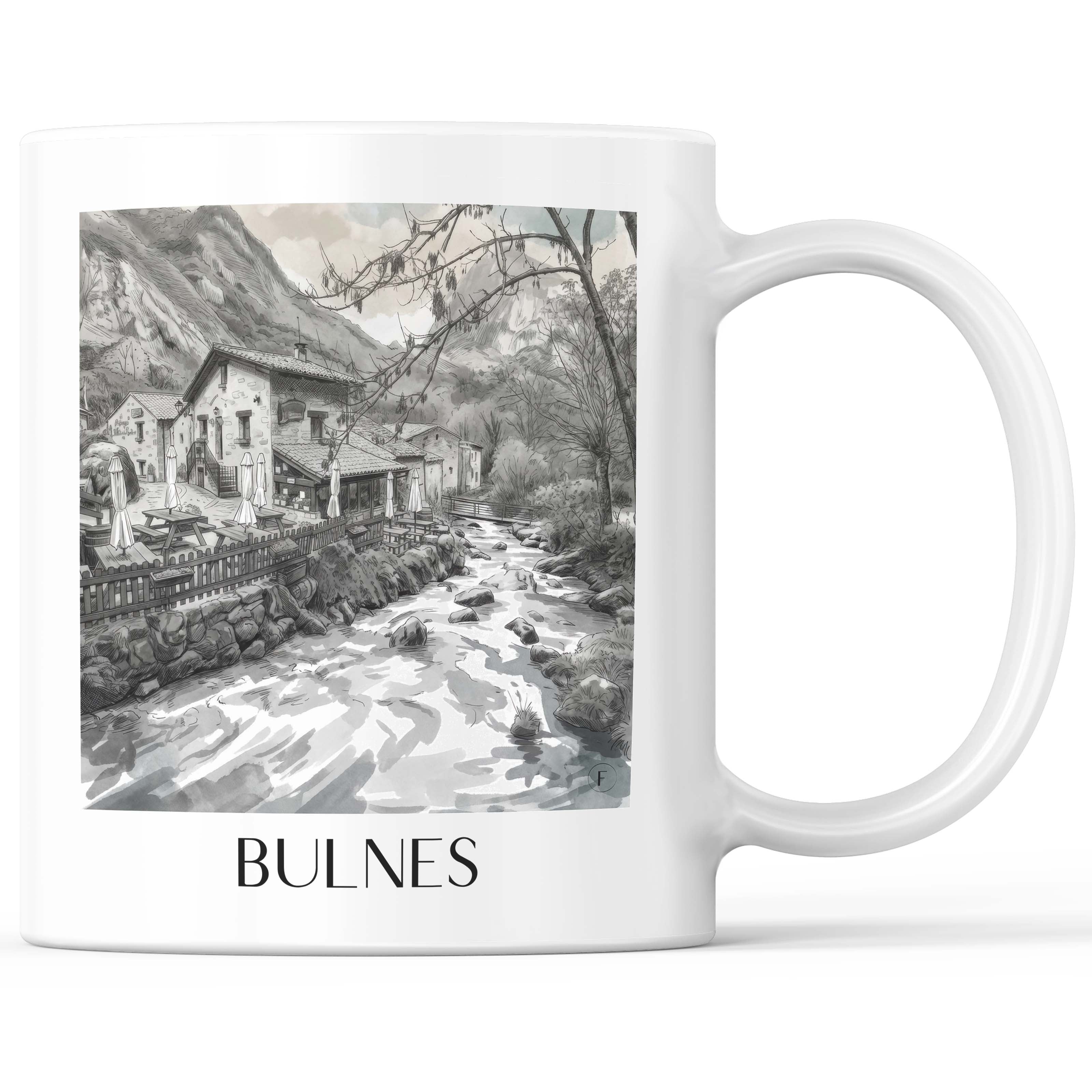 Bulnes Kaffeebecher - Cabrales - Spanien Becher - Kaffeetasse im Aquarell Schwarz-Weiß Stil - favplace