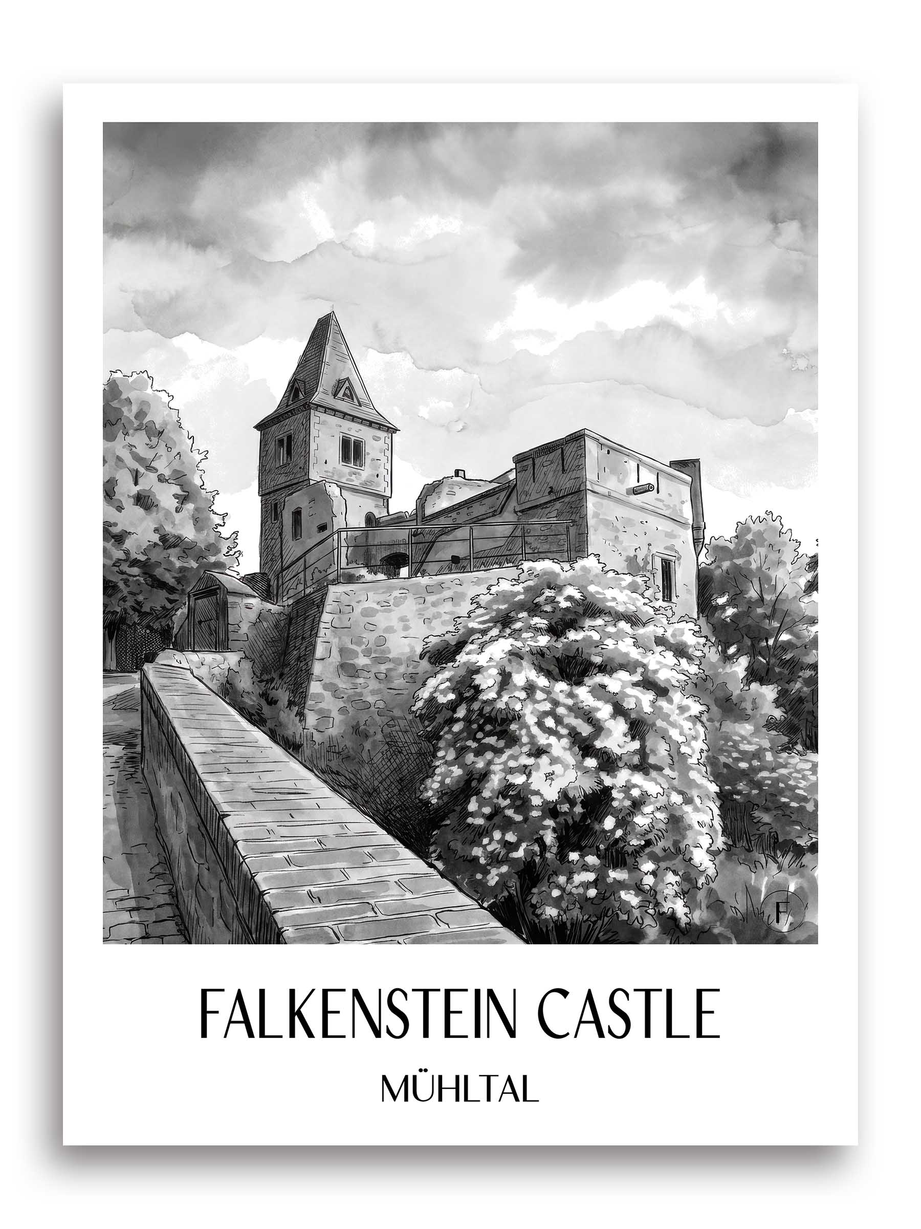 Burg Falkenstein Poster - Mühltal - Deutschland Kunstdruck - Aquarell Schwarz-Weiß von A4 bis A1