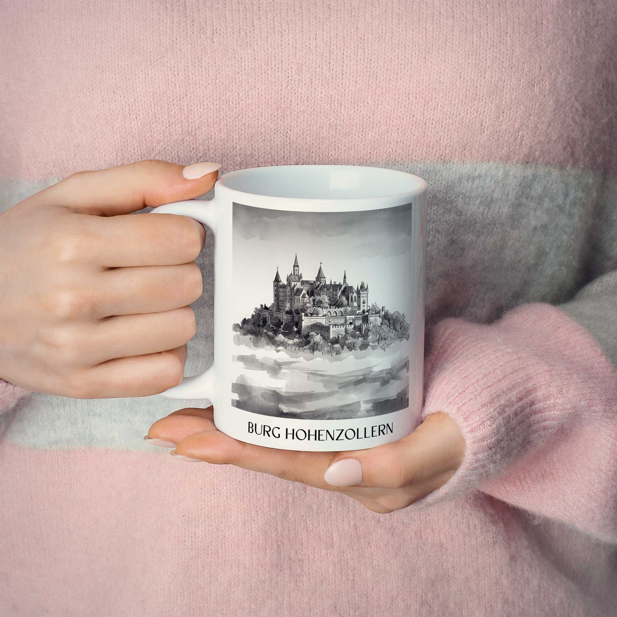 burg-hohenzollern-schwäbische-alb-deutschland-kaffeebecher-aquarell-schwarz-weiss