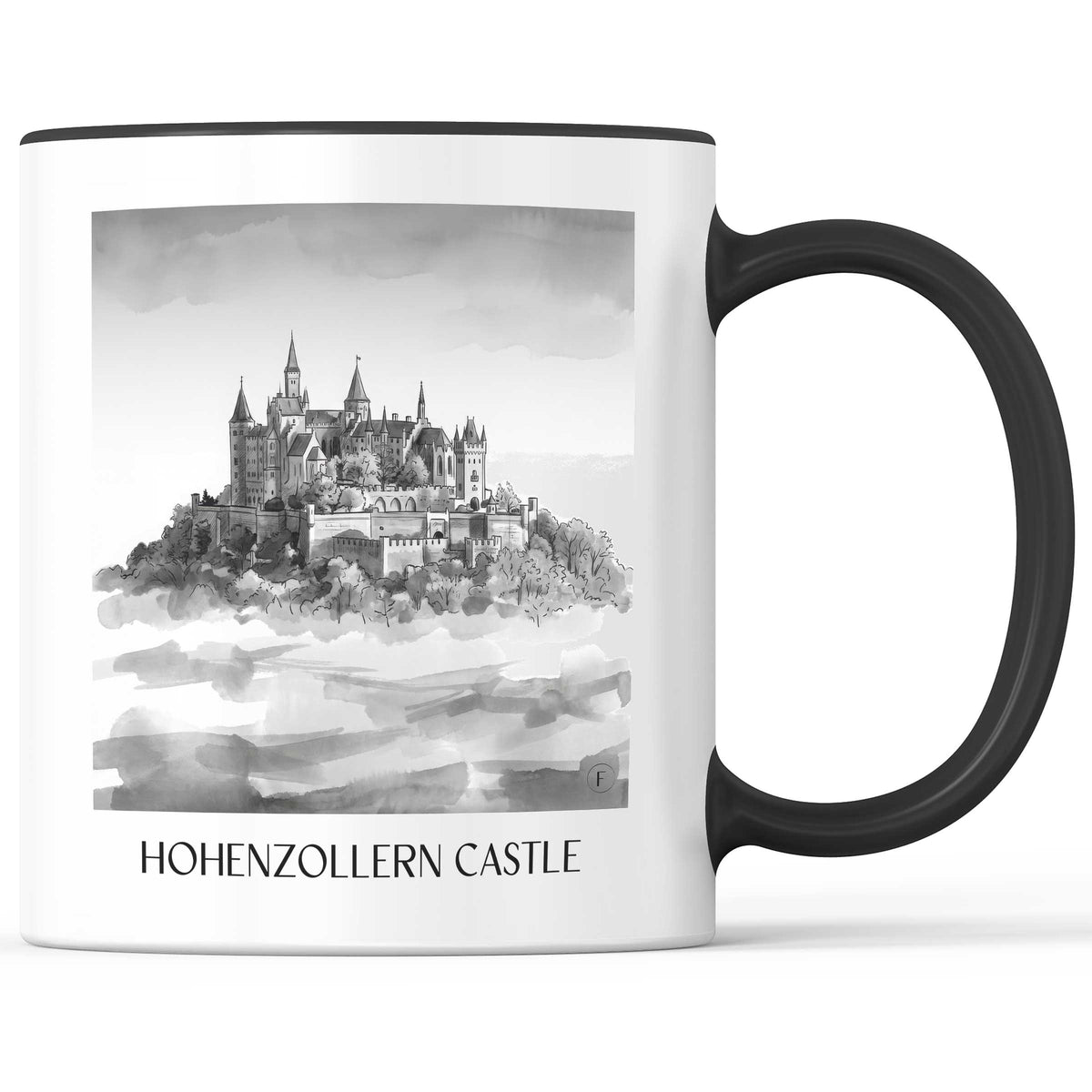 Burg Hohenzollern Kaffeebecher - Schwäbische Alb - Deutschland Becher - Kaffeetasse im Aquarell Schwarz-Weiß Stil - favplace