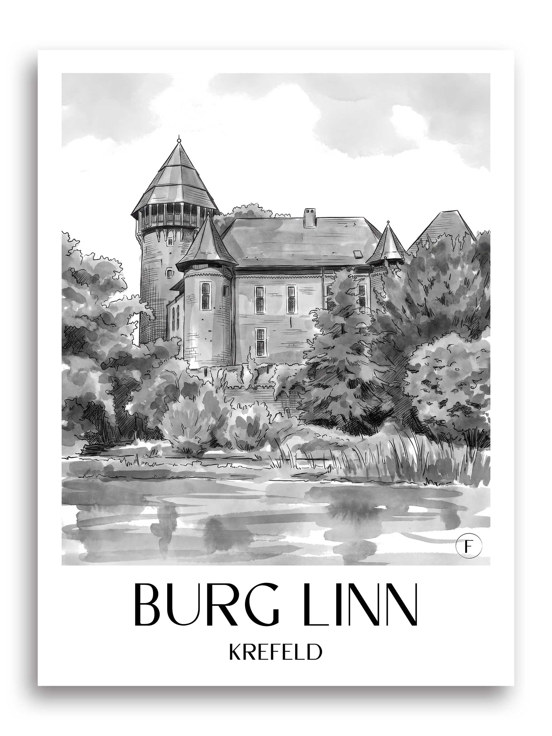 burg-linn-krefeld-deutschland-poster-aquarell-schwarz-weiss