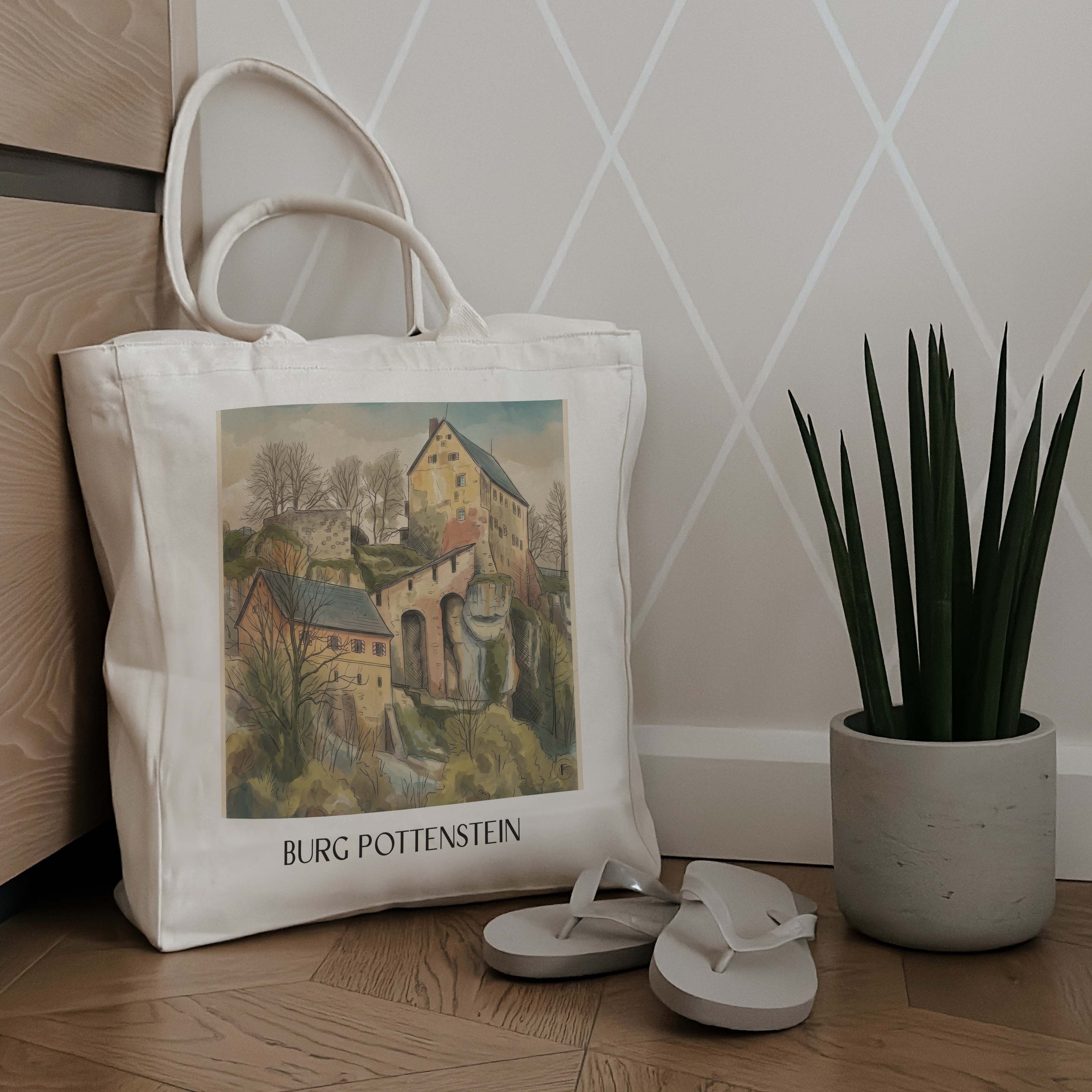 burg-pottenstein-deutschland-einkaufstasche-aquarell
