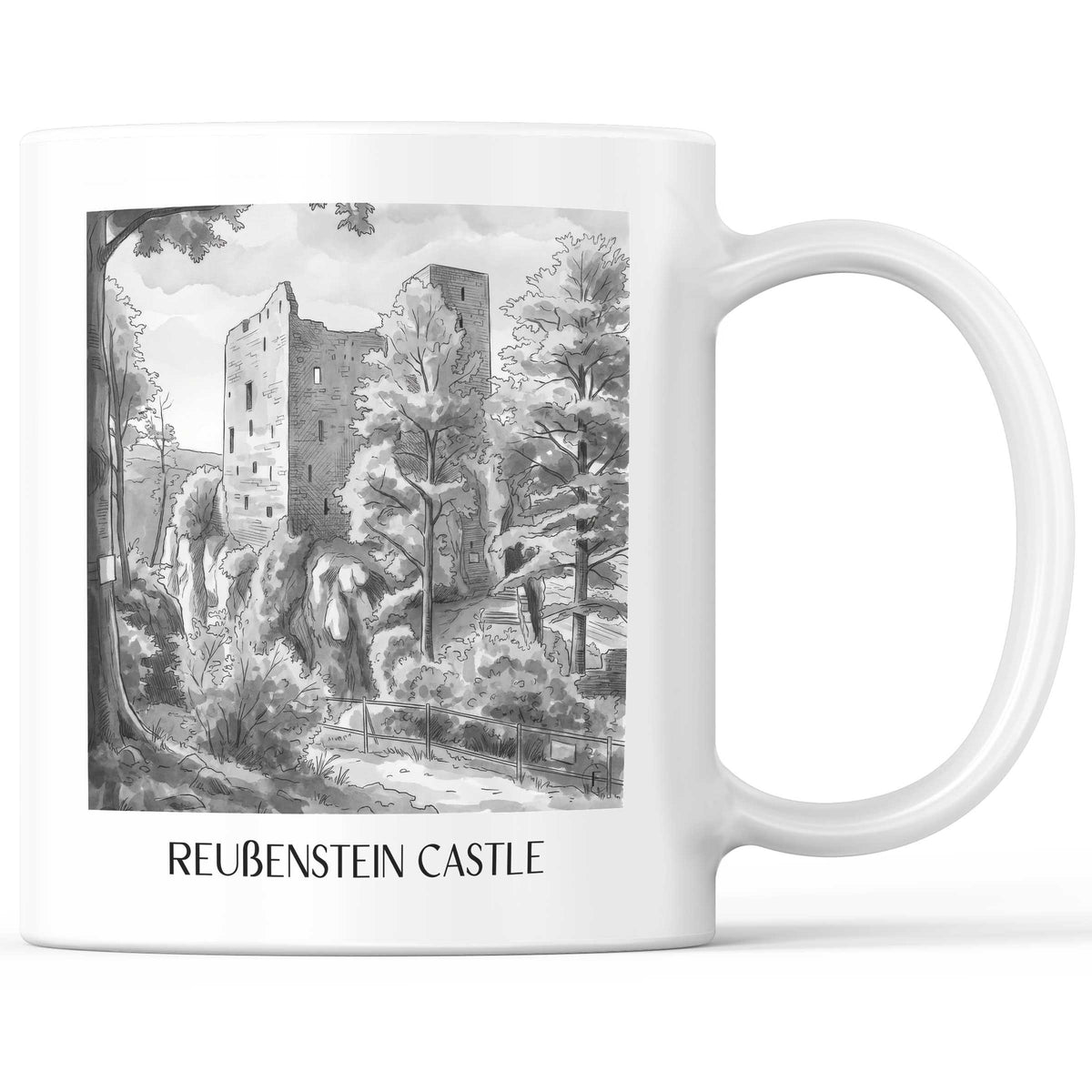 Burg Reußenstein Kaffeebecher - Schwäbische Alb - Deutschland Becher - Kaffeetasse im Aquarell Schwarz-Weiß Stil - favplace