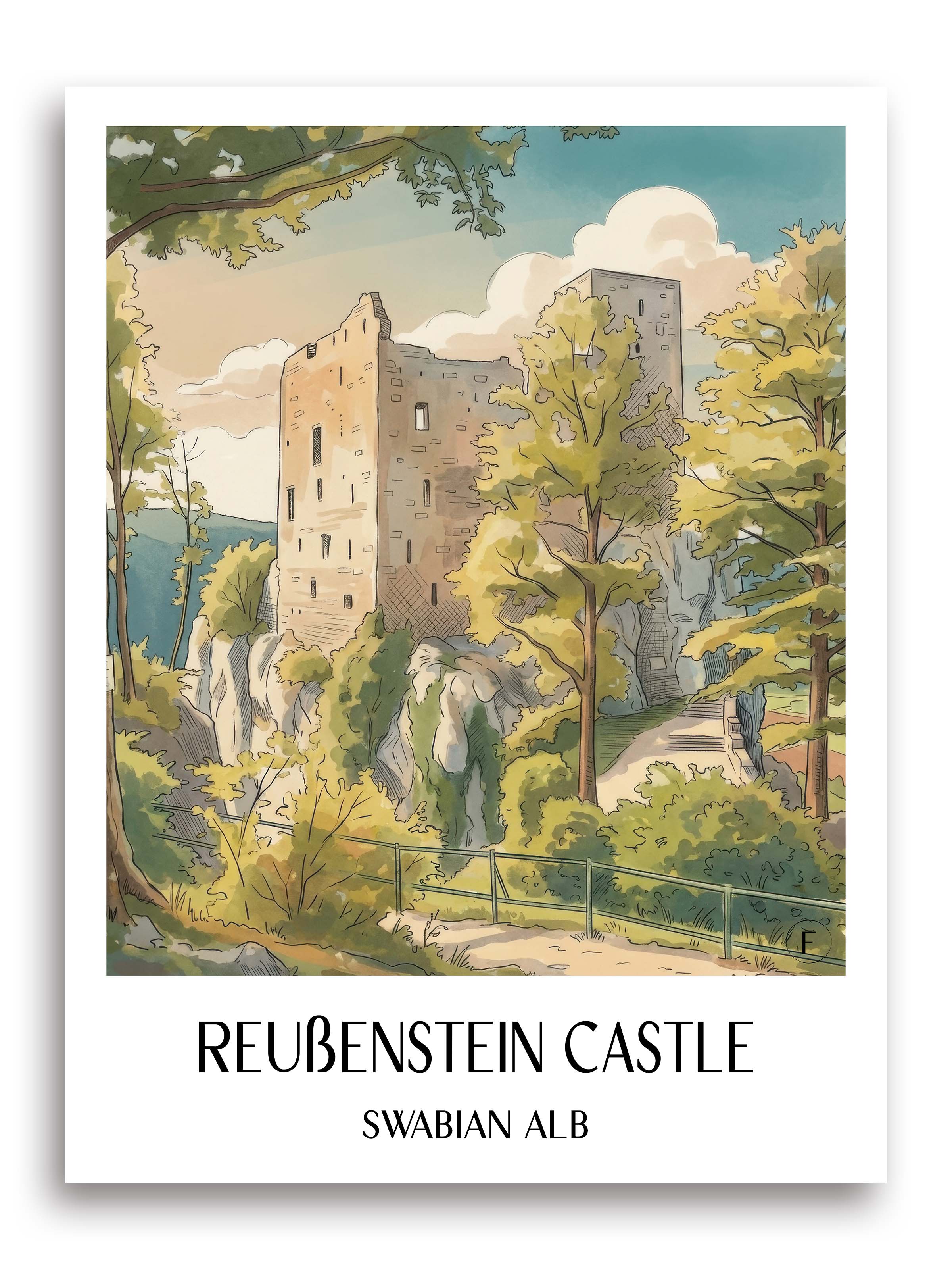 Burg Reußenstein Poster - Schwäbische Alb - Deutschland Kunstdruck - Aquarell von A4 bis A1 - favplace