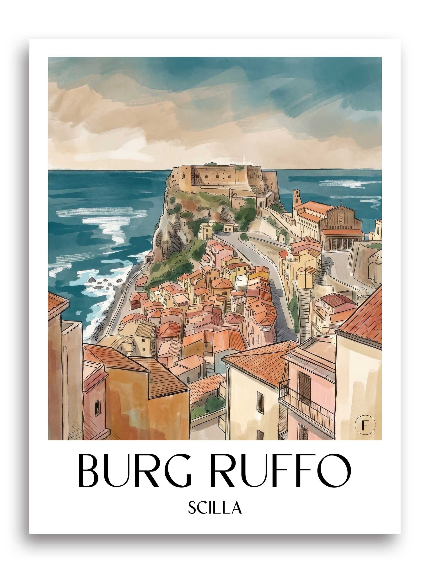 burg-ruffo-scilla-italien-poster-aquarell