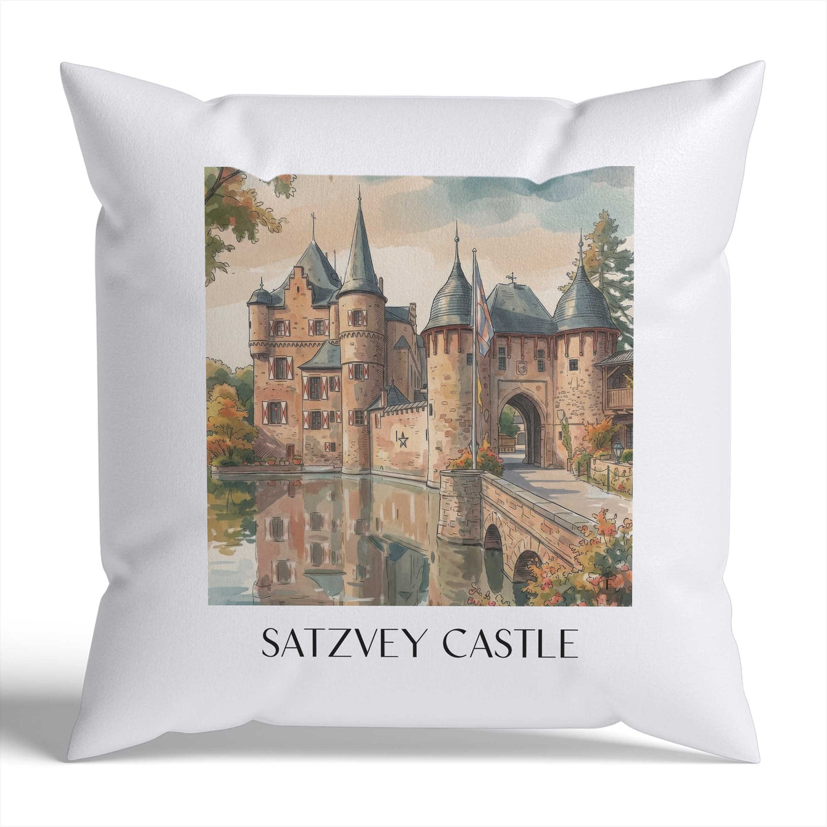 Burg Satzvey Kissenhülle - Zierkissen Bezug - Eifel - Deutschland Kissen bzw. Kissenbezug im Aquarell Stil - favplace