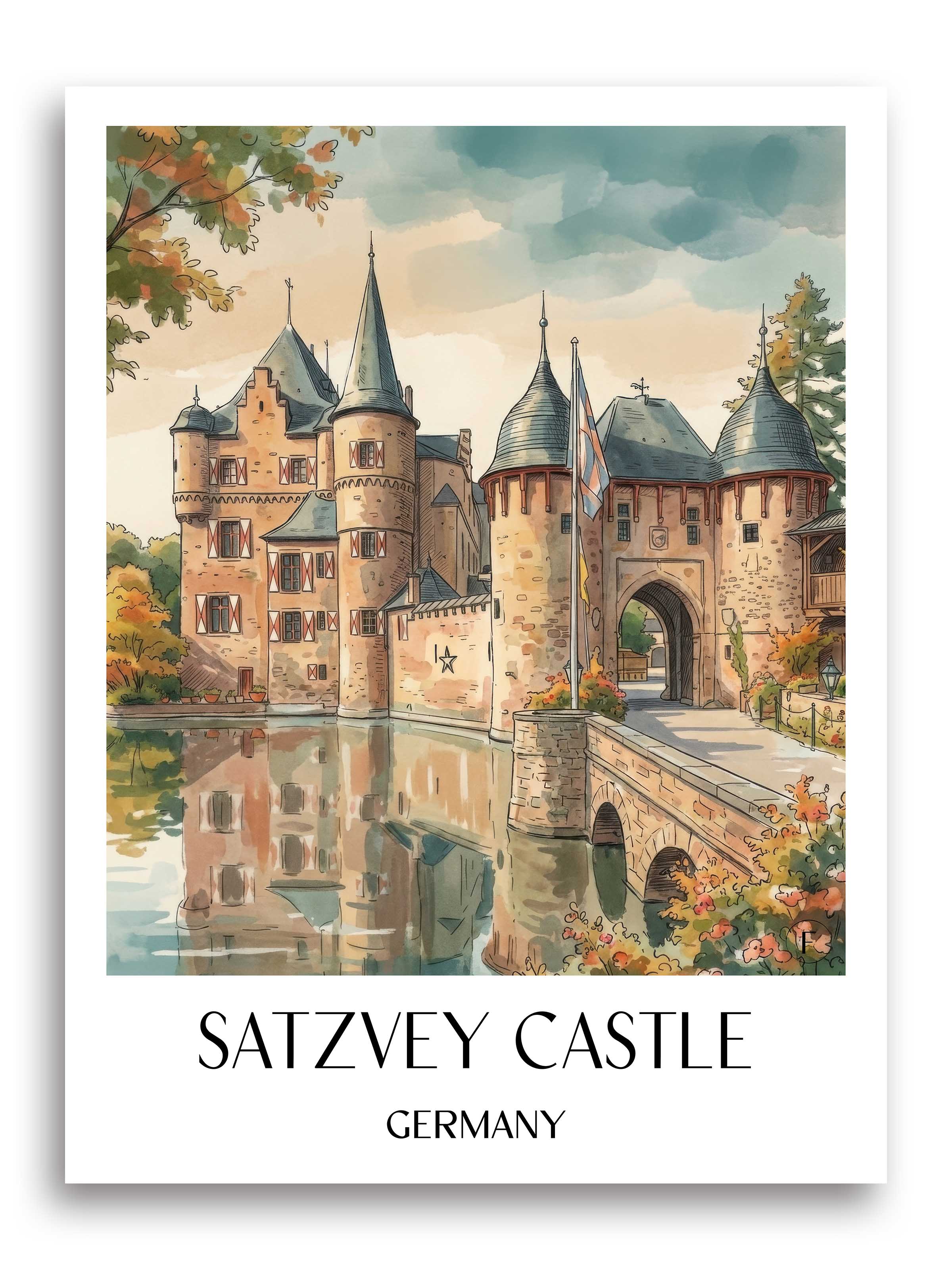 Burg Satzvey Poster - Eifel - Deutschland Kunstdruck - Aquarell von A4 bis A1 - favplace
