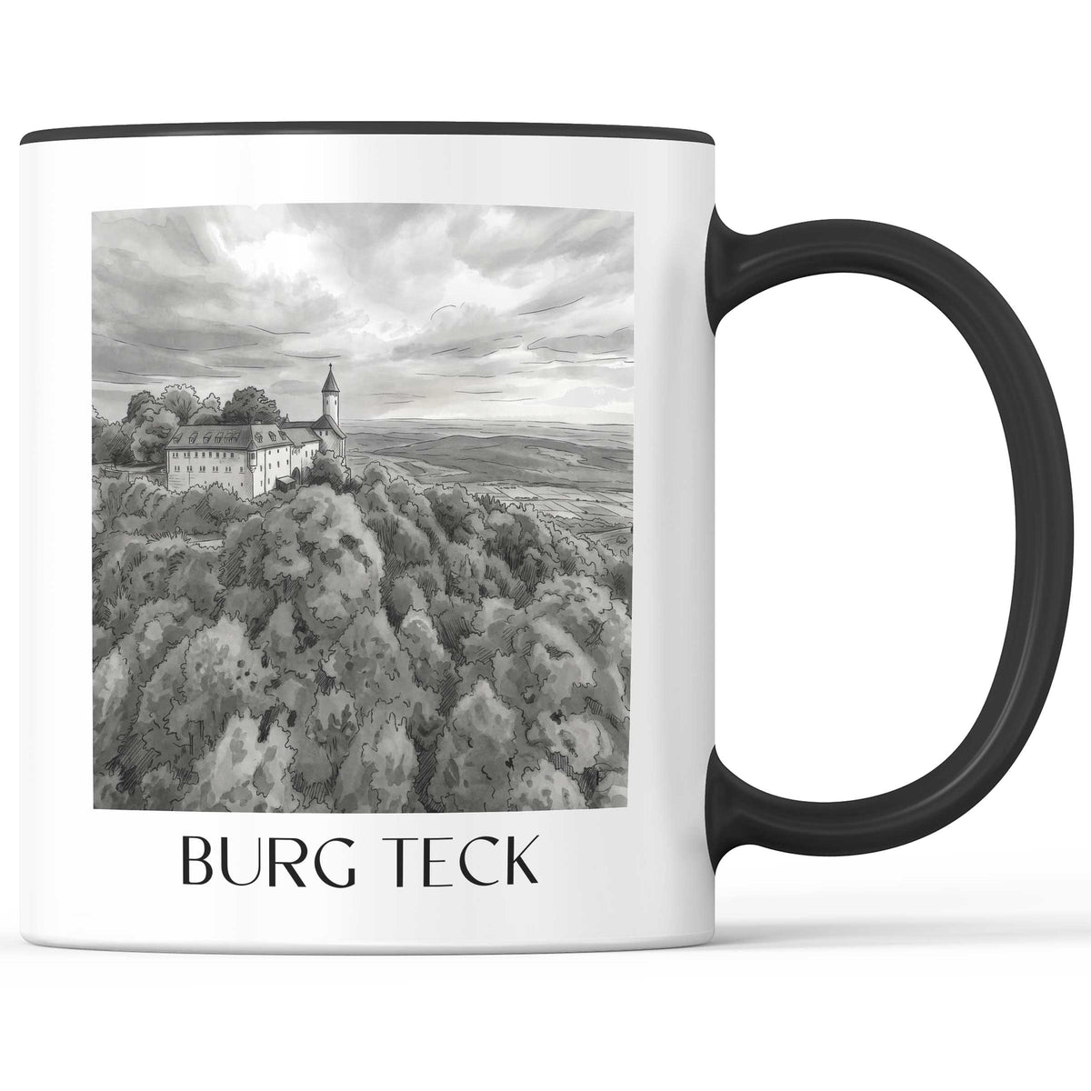 burg-teck-schwäbische-alb-deutschland-kaffeebecher-aquarell-schwarz-weiss