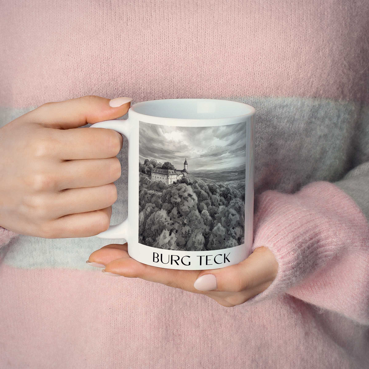 burg-teck-schwäbische-alb-deutschland-kaffeebecher-aquarell-schwarz-weiss