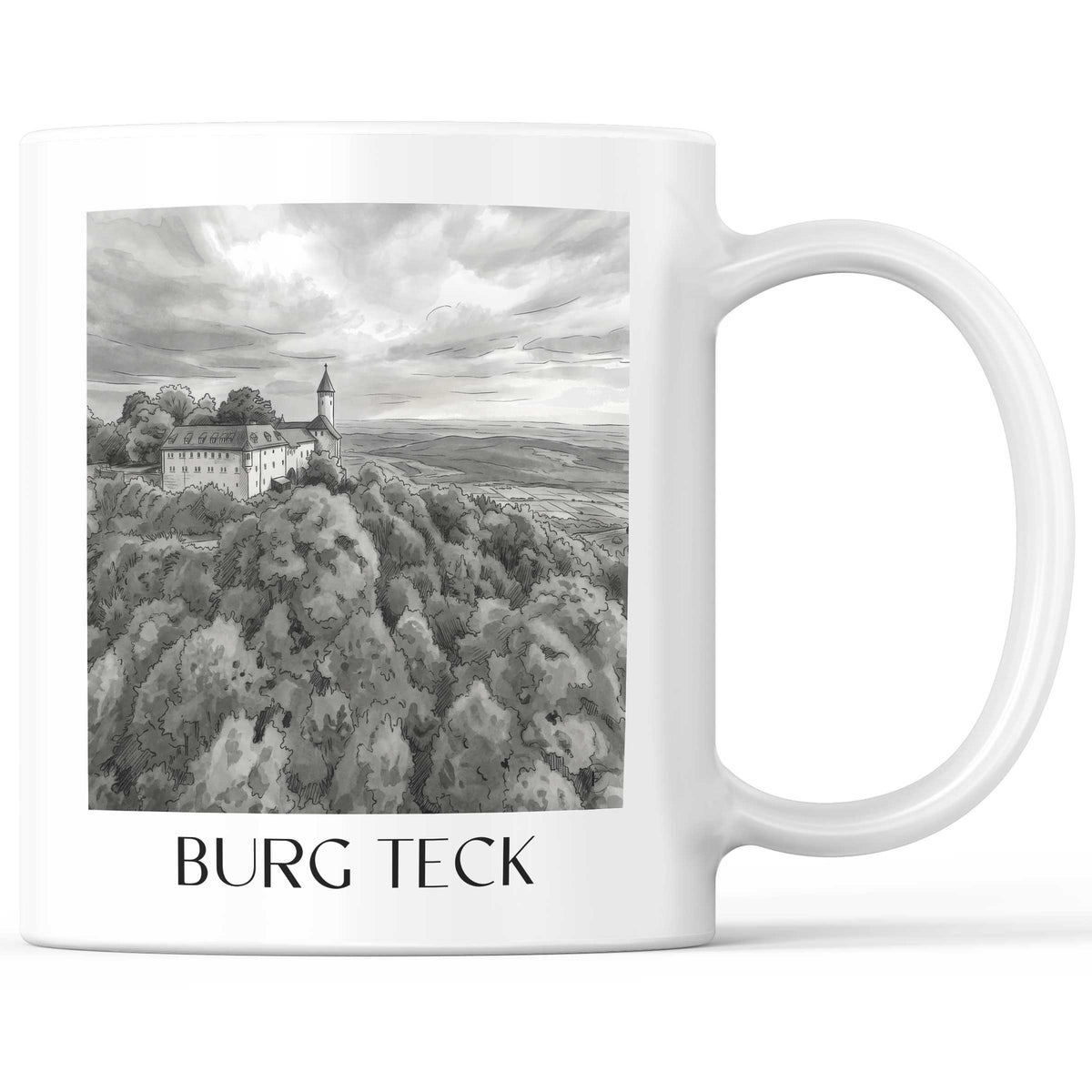 Burg Teck Kaffeebecher - Schwäbische Alb - Deutschland Becher - Kaffeetasse im Aquarell Schwarz-Weiß Stil - favplace