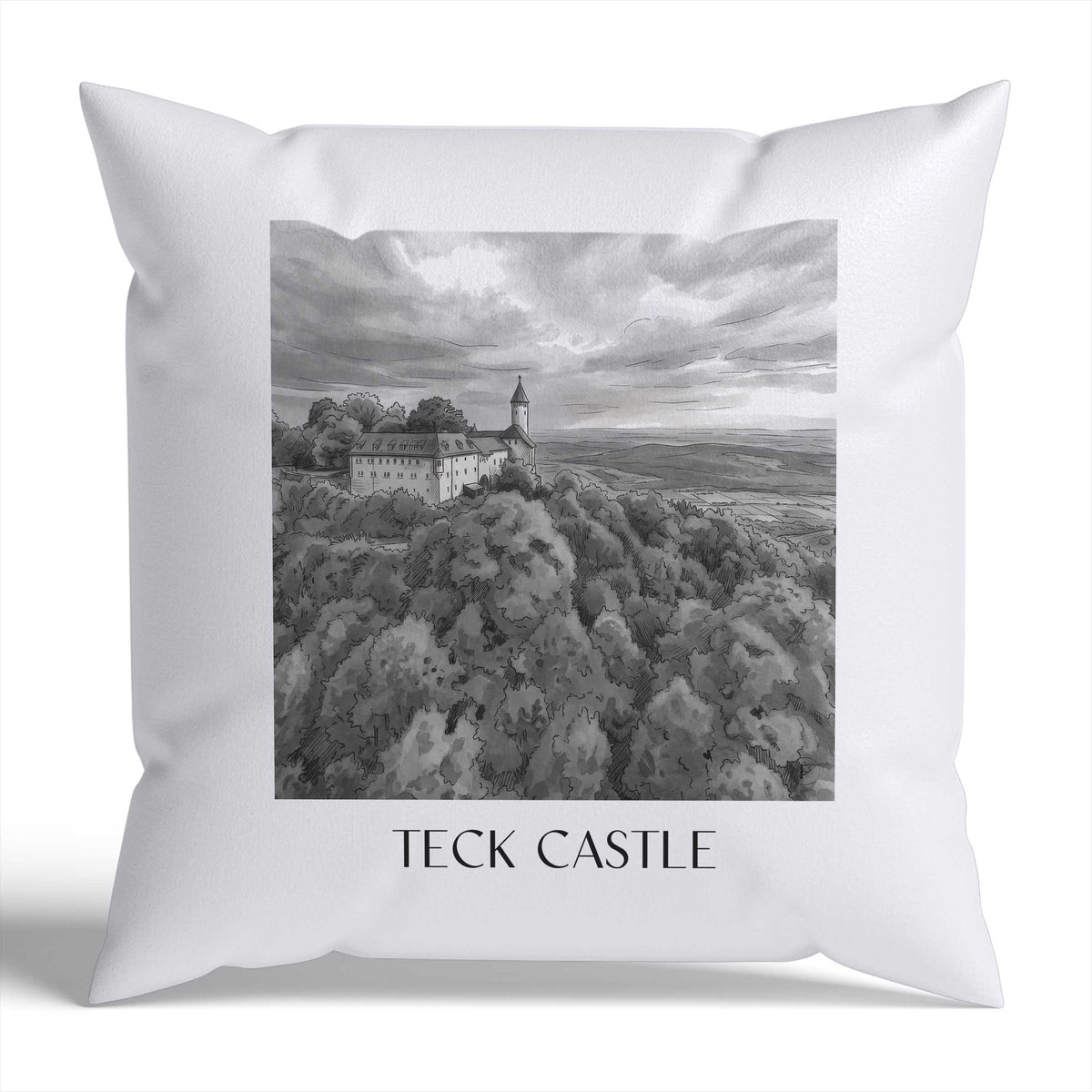 Burg Teck Kissenhülle - Zierkissen Bezug - Schwäbische Alb - Deutschland Kissen bzw. Kissenbezug im Aquarell Schwarz-Weiß Stil - favplace
