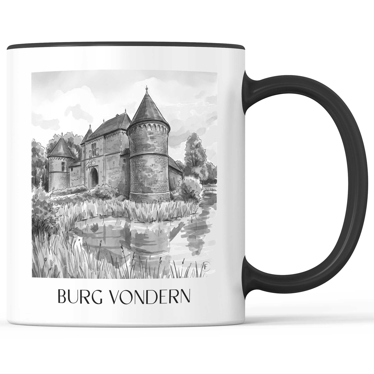 burg-vondern-oberhausen-deutschland-kaffeebecher-aquarell-schwarz-weiss