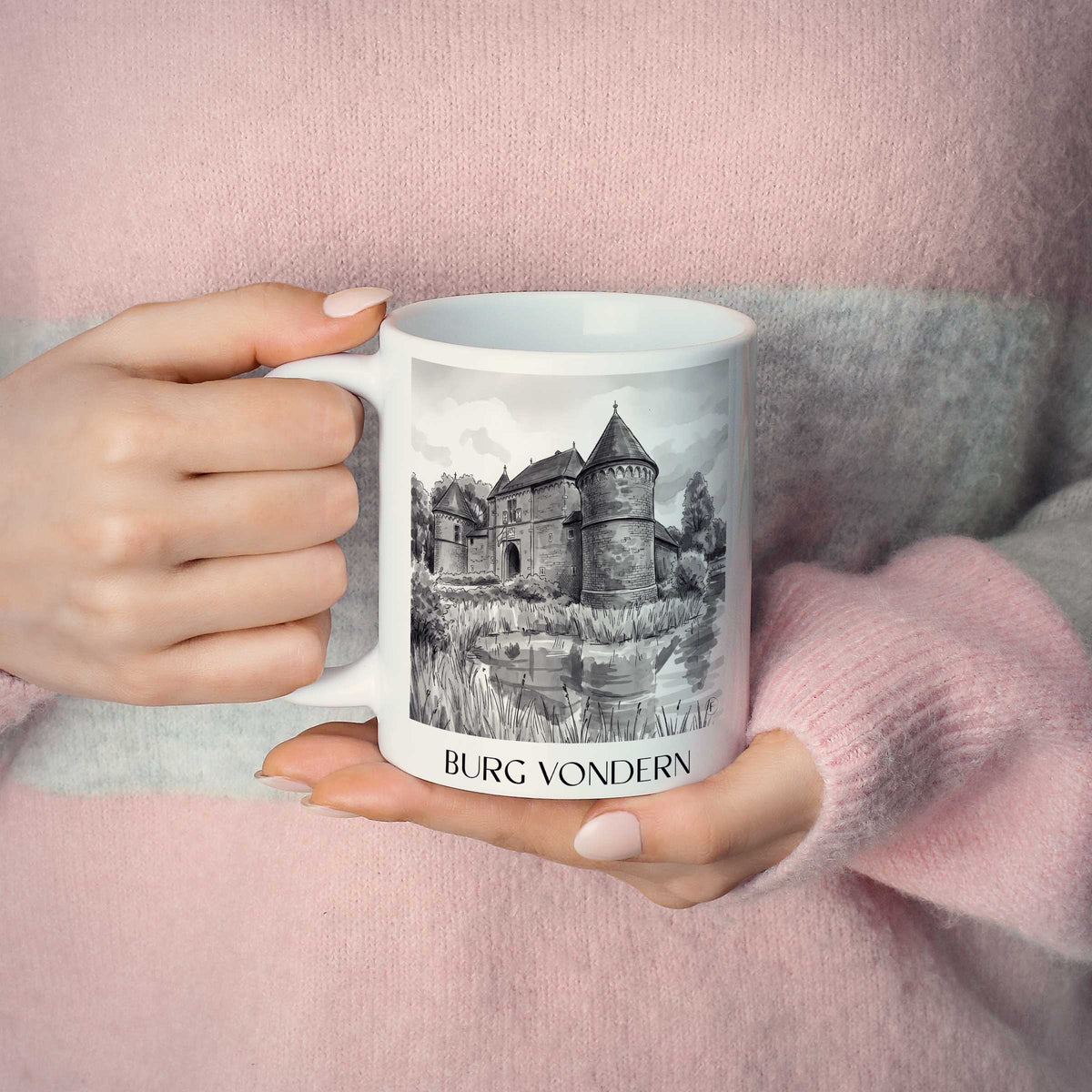 burg-vondern-oberhausen-deutschland-kaffeebecher-aquarell-schwarz-weiss