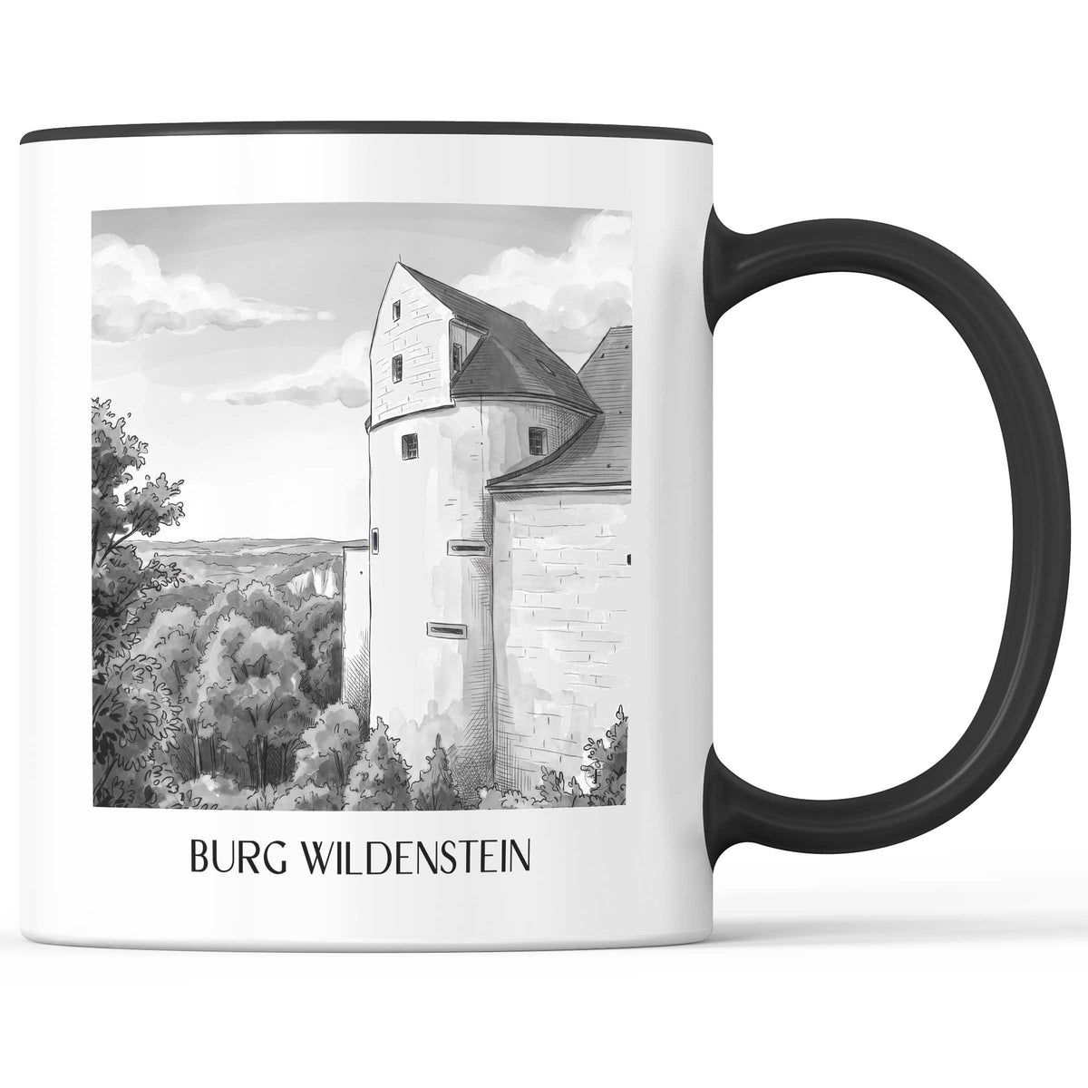 burg-wildenstein-schwäbische-alb-deutschland-kaffeebecher-aquarell-schwarz-weiss