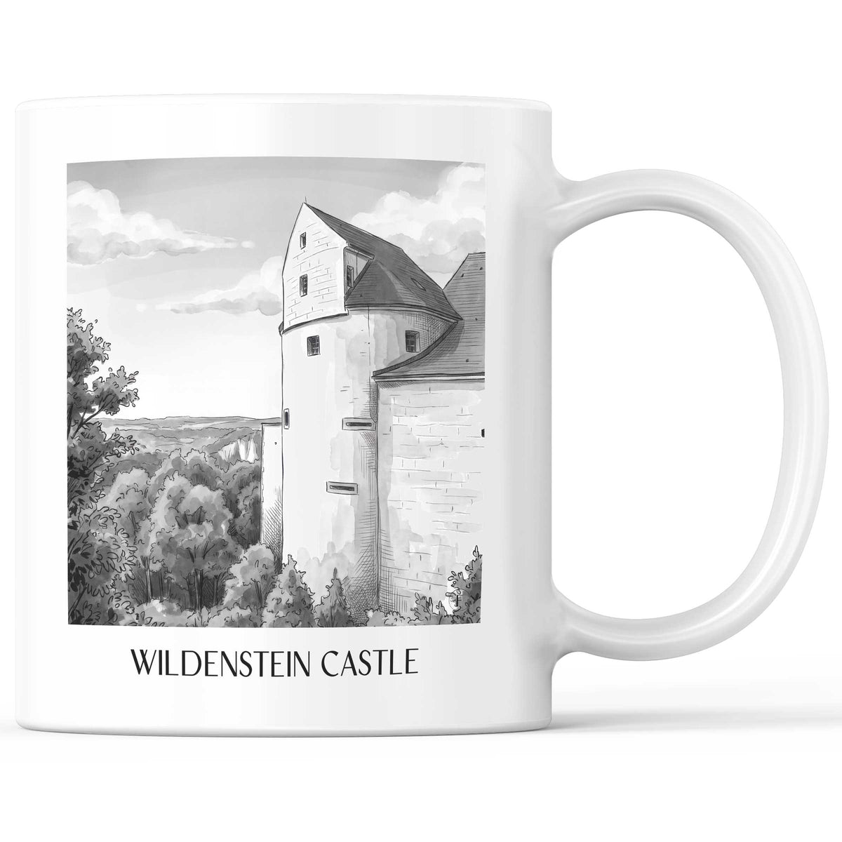 Burg Wildenstein Kaffeebecher - Schwäbische Alb - Deutschland Becher - Kaffeetasse im Aquarell Schwarz-Weiß Stil - favplace