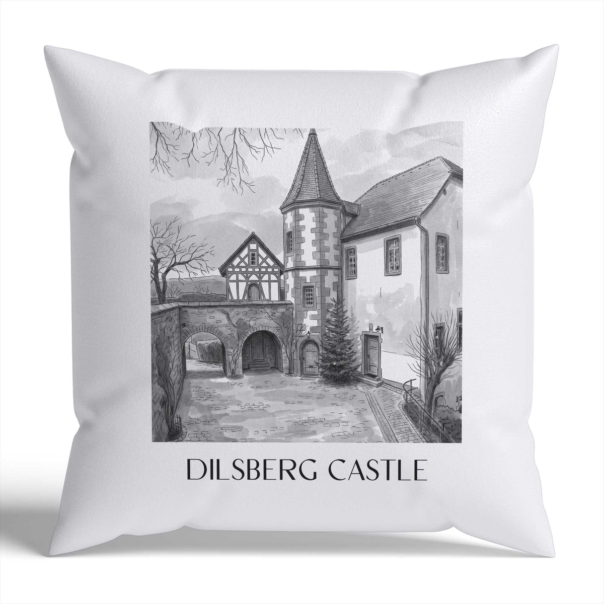 Burgfeste Dilsberg Kissenhülle - Zierkissen Bezug - Neckargmünd - Deutschland Kissen bzw. Kissenbezug im Aquarell Schwarz-Weiß Stil - favplace